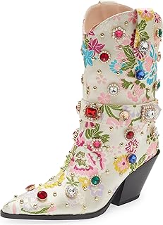 GPXGPX Western Cowboy Boots For Women Flower Embroidered Rhinestone Mid Calf Pointed Toe Chunky Heel Cowgirl Boots Price In India