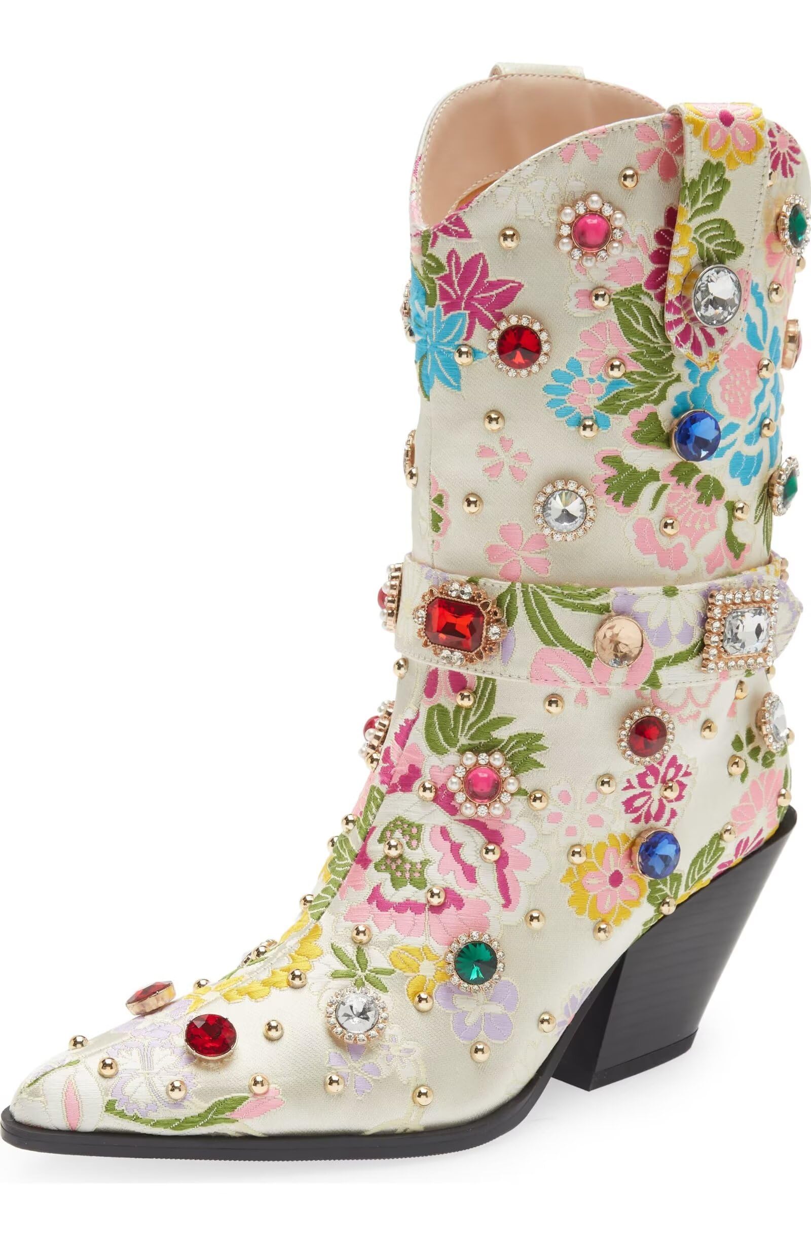 GPXGPX Western Cowboy Boots For Women Flower Embroidered Rhinestone Mid Calf Pointed Toe Chunky Heel Cowgirl Boots