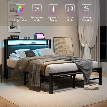 Double Bed Frame with Storage and LED Lights,4ft6 Metal Platform Bed Frame Double Size Bed Base with Charging Station,Mattress Base,Strong Slats Support,Under-bed Storage,Noise Free,Grey
