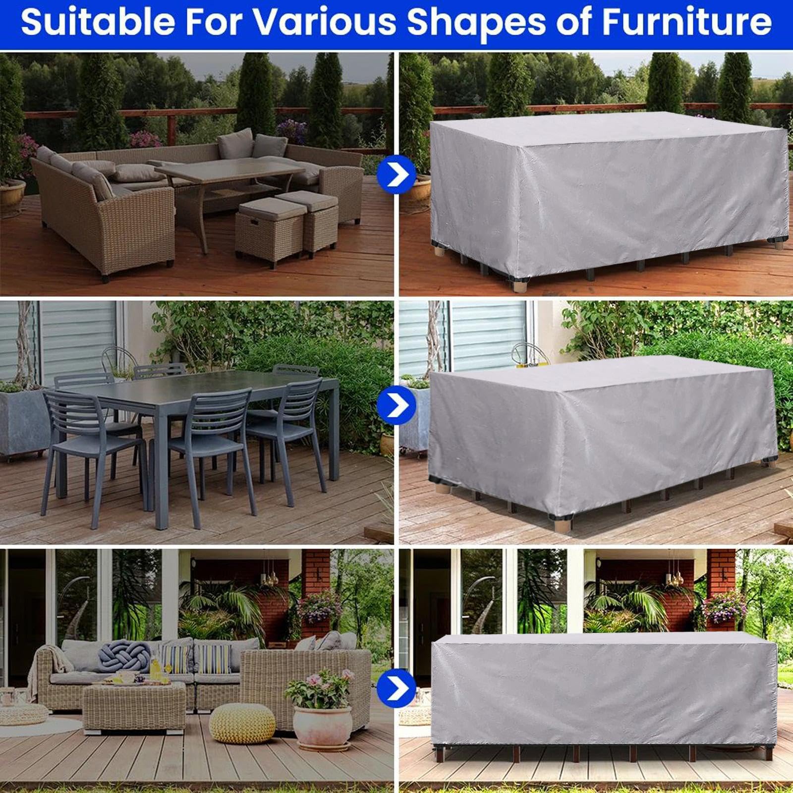 Copritavolo Esterno Impermeabile,Copertura per Mobili da Giardino, Antipolvere, Anti-UV,Antivento,Antineve,Per tavoli e sedie da esterno,Divani e altri Tavoli da Giardino 270x180x40cm/LxWxH