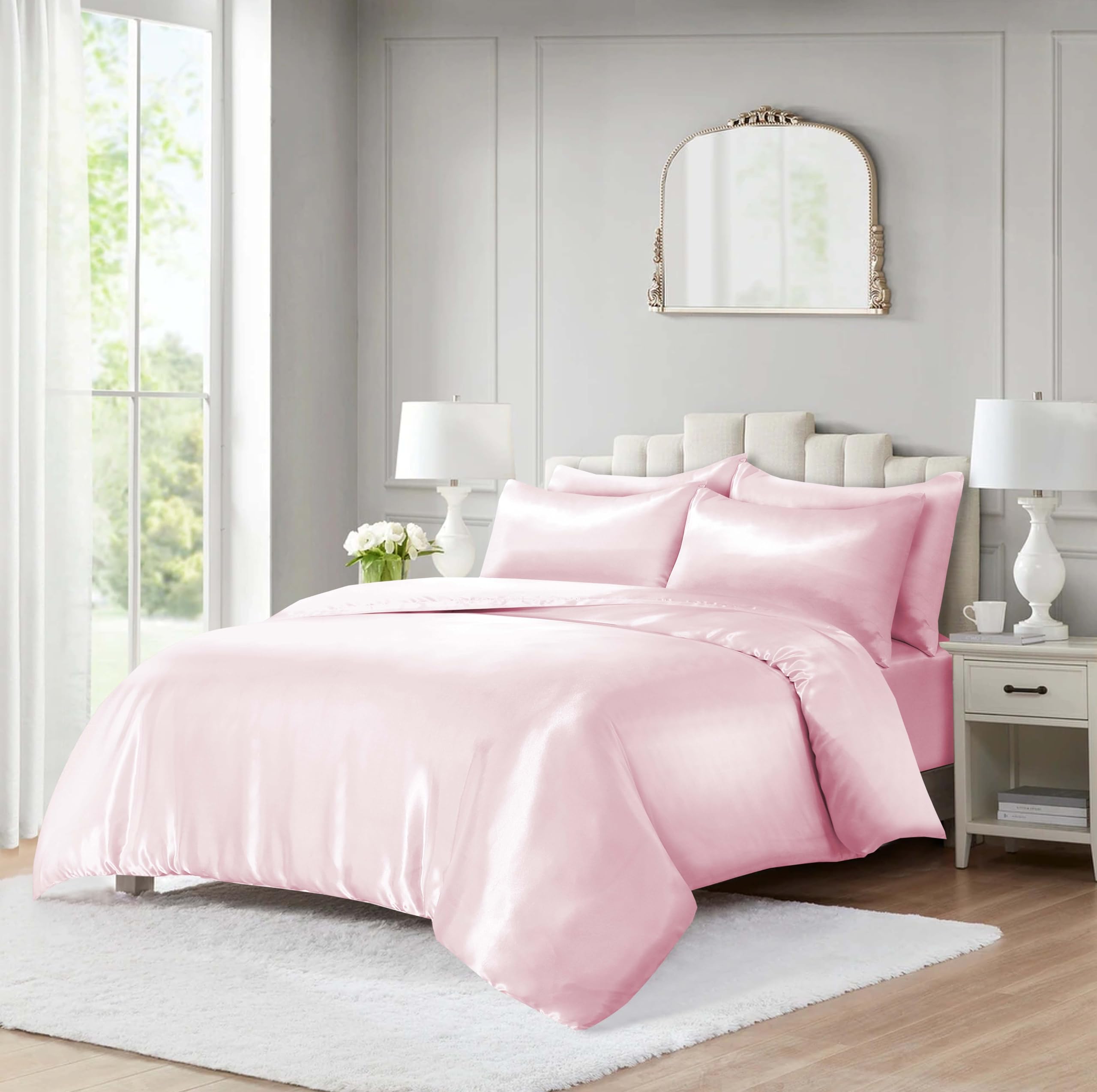 ROOEE 10 Piece Satin Silk Complete Bedding Set – Luxury Satin Duvet Cover, Silky Fitted Sheet with Matching Pillowcases, Sleep Mask, Hair Accessories & Storage Pouch (Baby Pink, Super King)