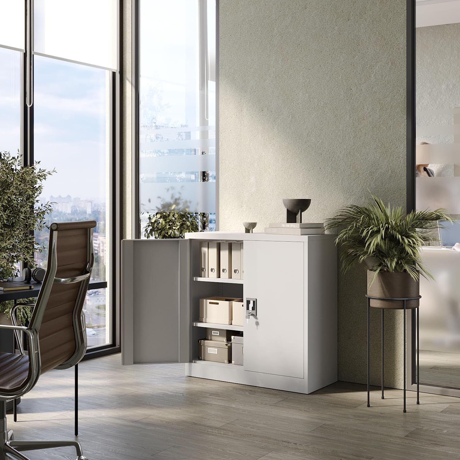 Muralo Metallschrank mit 2 verstellbaren Fachböden Abschließbar - Grau | Aktenschrank 90x90x40 cm mit Sicherheitszylinderschloss, Belastbar bis 50 kg, Pulverbeschichtung, ideal für Büro, Werkstatt