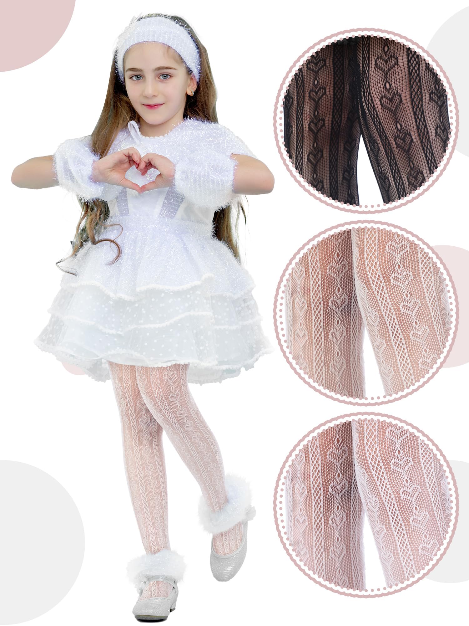 Fourluoo 3 pares de medias de encaje para niñas, medias de red a rayas con patrones de corazón, calcetines elásticos para niños de verano