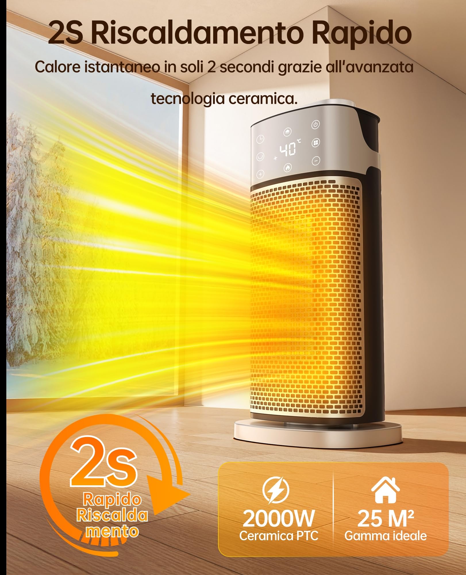 Primevolve Stufetta Elettrica con Umidificatore Funzione, 2000W Termoventilatore Ceramico a Basso Consumo, Termostato Ambiente Silenzioso con Telecomando, Timer, 70°Oscillazione, 3 Modalità Per Camere