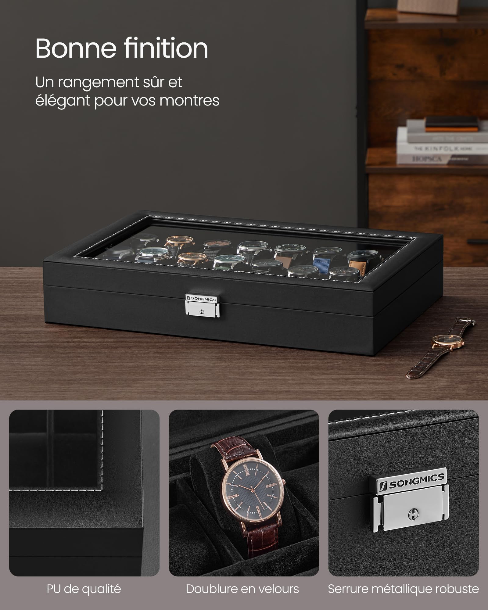 SONGMICS Boîte de rangement verrouillable pour montres avec 24 emplacements, couvercle en verre, cadeau pour vos proches, cuir synthétique noir, doublure noire d'encre JWB024B02