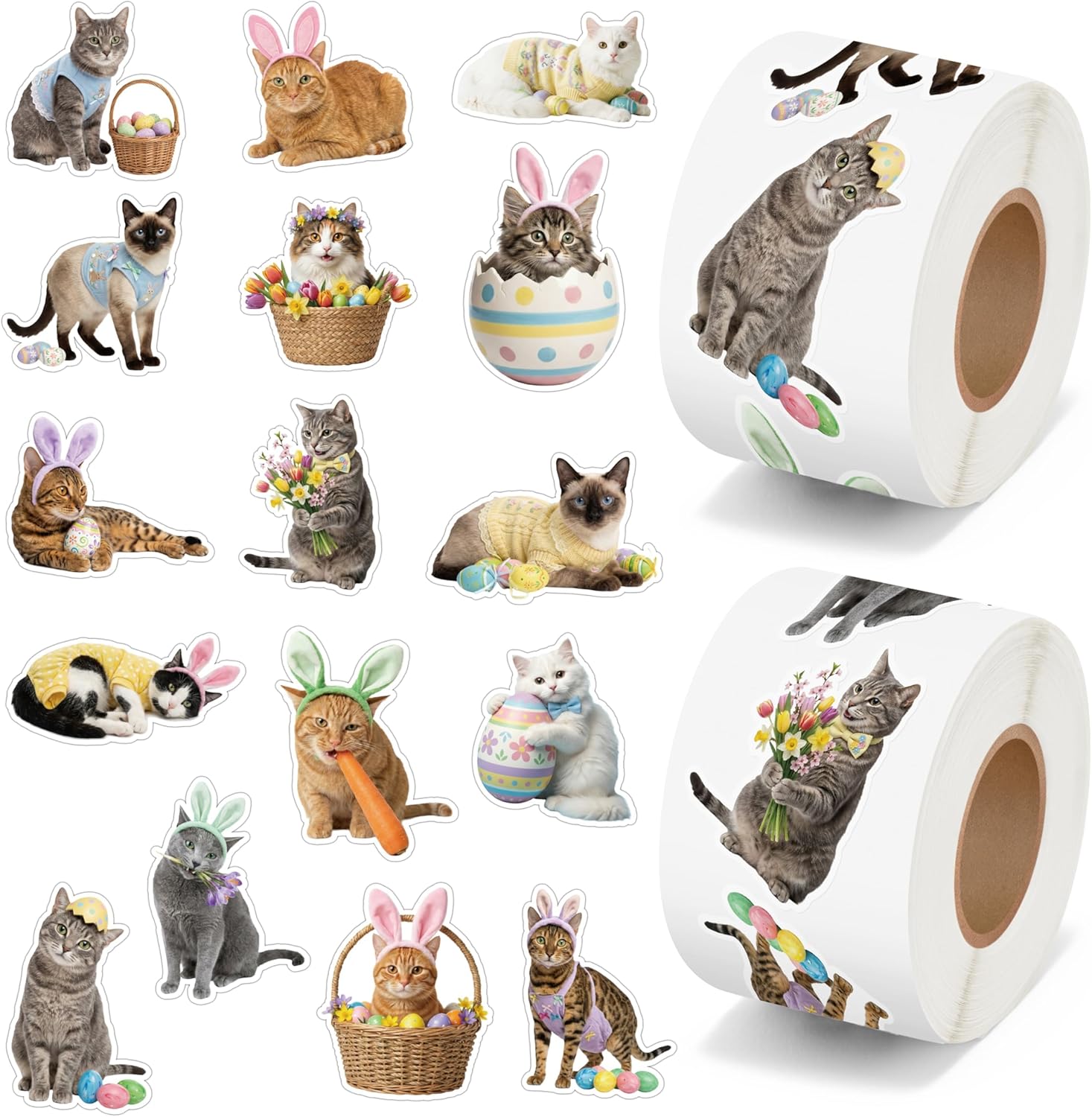 Cute Realistic Cat Roll Stickers - 1000 Colorful Eggs Rabbit Ears Holiday Dress Up Realistic Cat Vinyl Decals for Kids, Funny Kitten Stickers Gift for Party Decor Home Laptop Guitar, 16 Designs