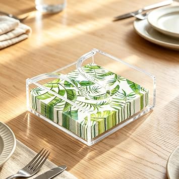 Acrylic Cocktail Napkin Holder, 5"x5" Clear Square with Weighted Arm & Non-Slip Base, Sleek & Stable Flat Napkin Holder for Bar Cafe Restaurant Kitchen Dining Table