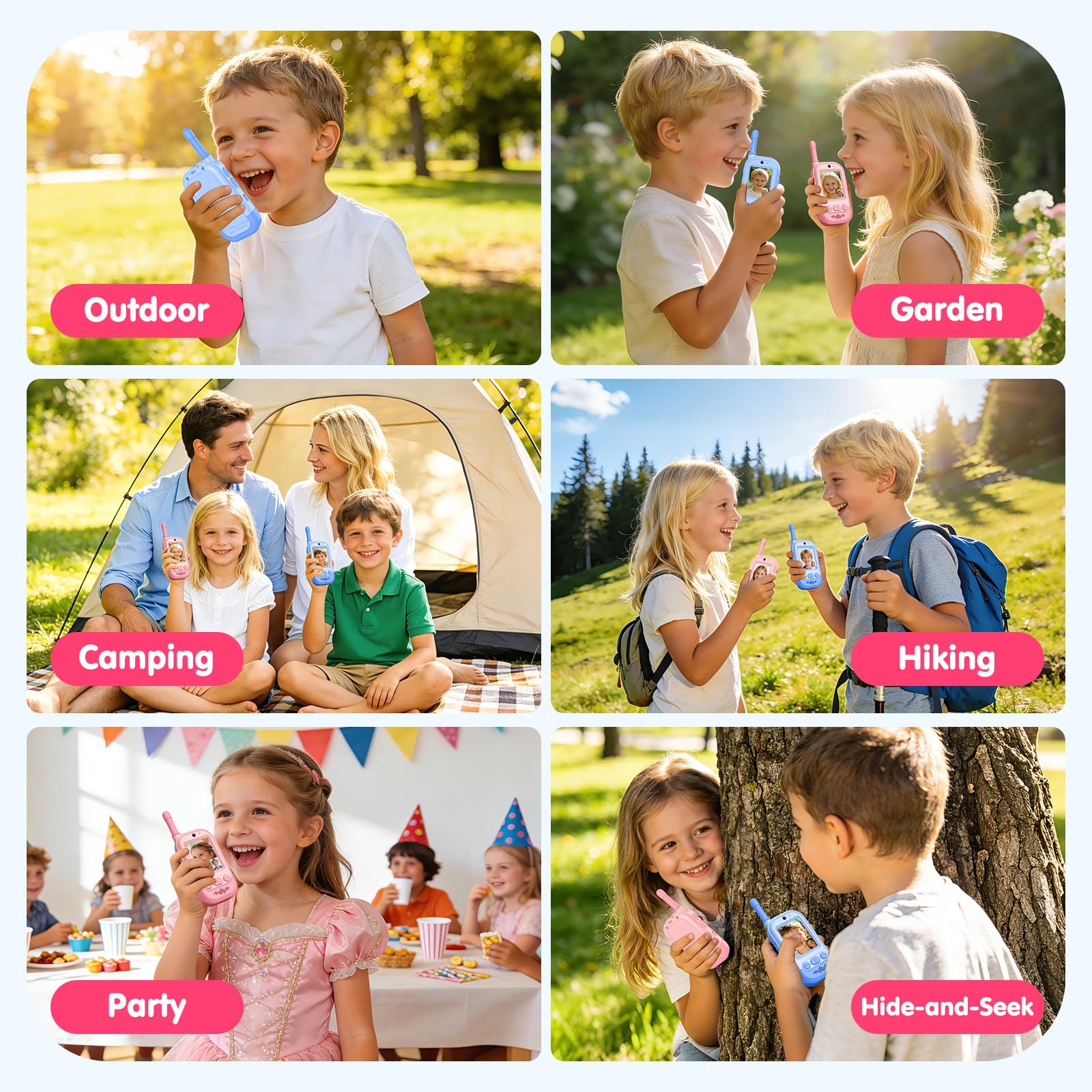 Gofunly Video Walkie Talkie Bambini, Set da 2 Dispositivi Ricaricabili con Interfono Video, Giochi per Interni ed Esterni per Attività in Famiglia per Ragazzo e Ragazza dai 3 ai 12 Anni - Rosa+Blu