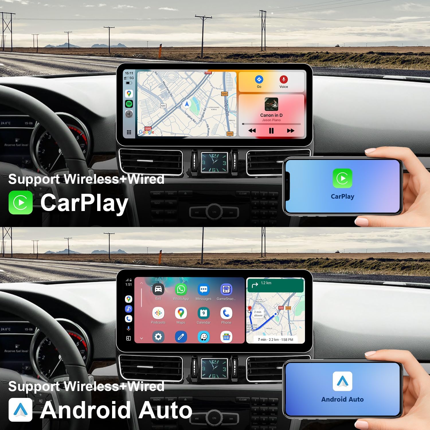 Image showing a car dashboard with the multimedia screen displaying CarPlay and Android Auto interfaces, alongside a smartphone.