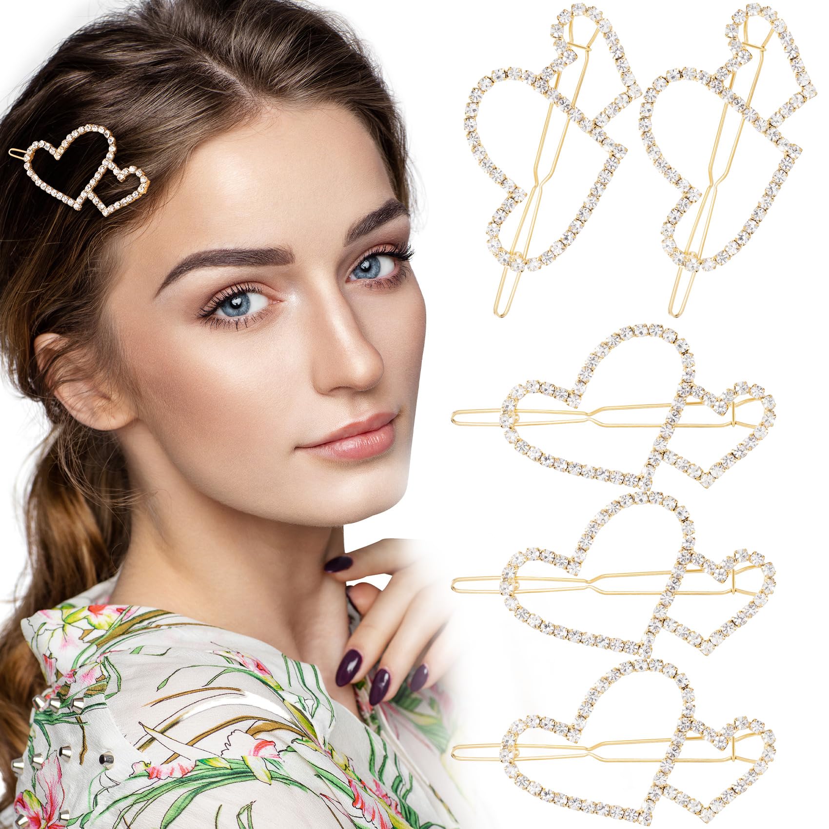 Hinzic 5 Fermagli Per Capelli In Stile BohéMien Con Strass A Forma Di Cuore E Strass, Forcine Decorative Per Capelli, Accessori Per Donne E Ragazze, Per Sposa, Feste, Balli Di Fine Anno, San Valentino-image