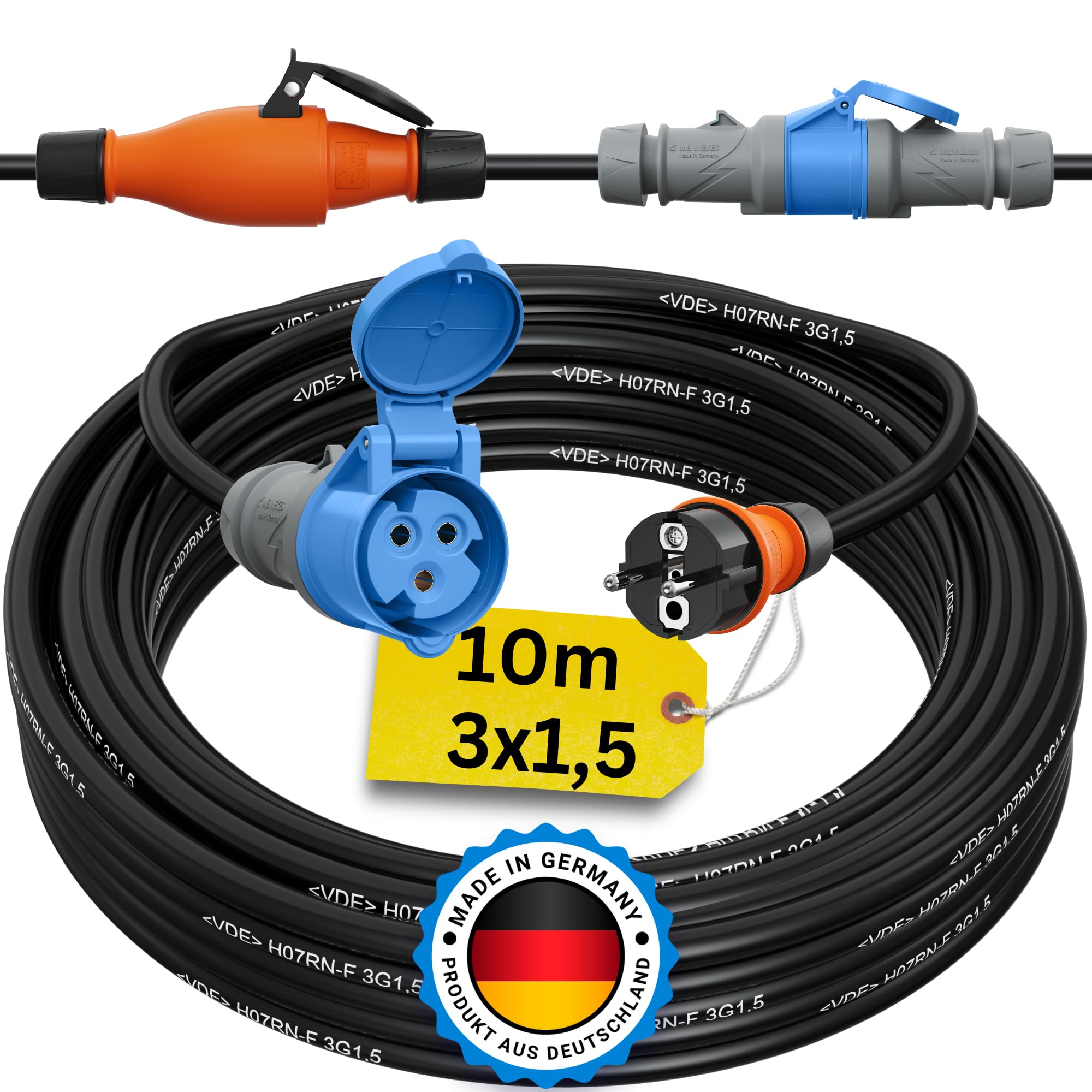 CEE Kupplung Schuko Adapterkabel Camping Caravan Boot Campingkabel H07RN-F 3x1,5 IP44 Außen 230V 16A 10m