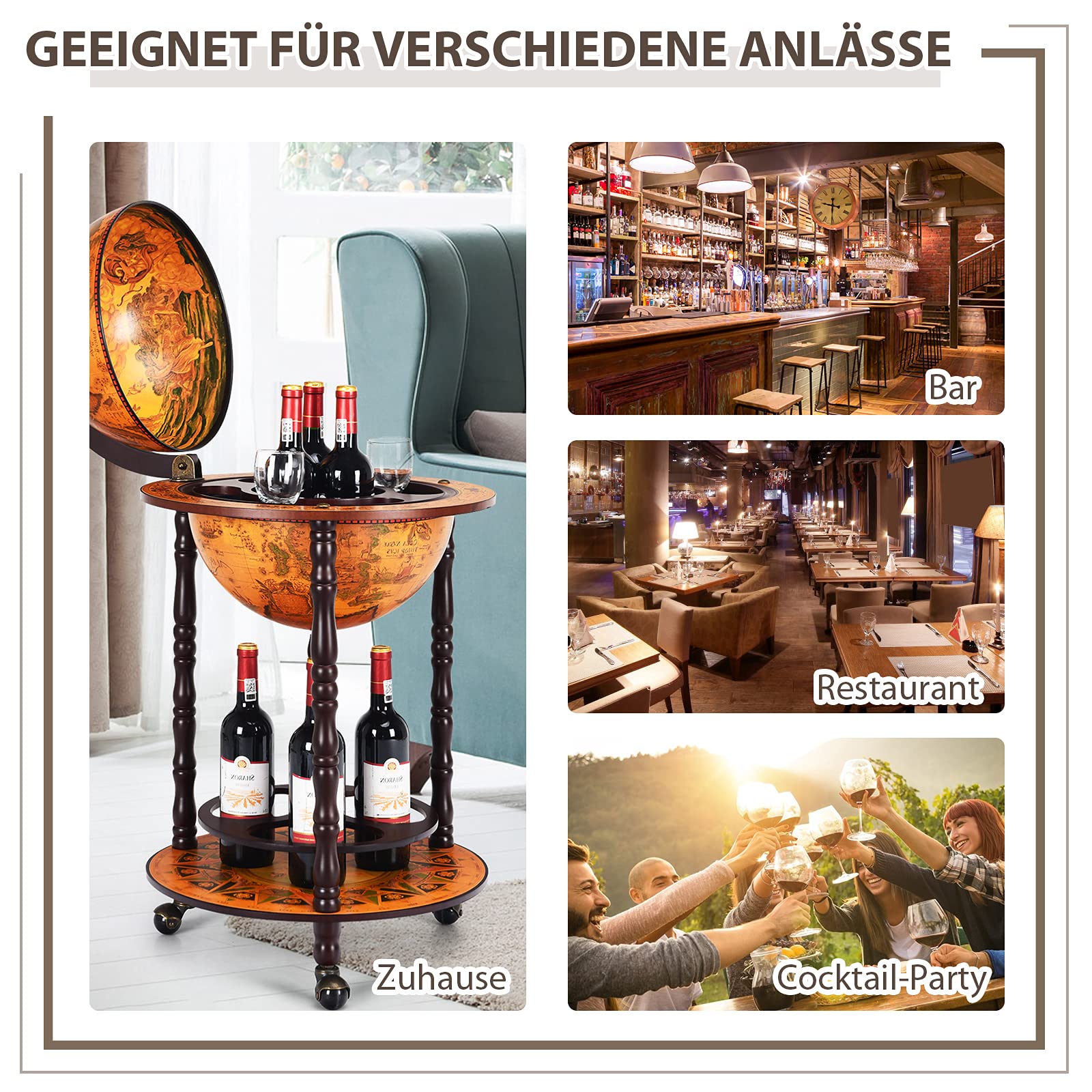 COSTWAY Globusowy Barek Wózek Barowy Retro na Kółkach, Drewniany Stojak na Wino z 2 Półkami, Mobilny Wózek do Serwowania Napojów Alkoholowych