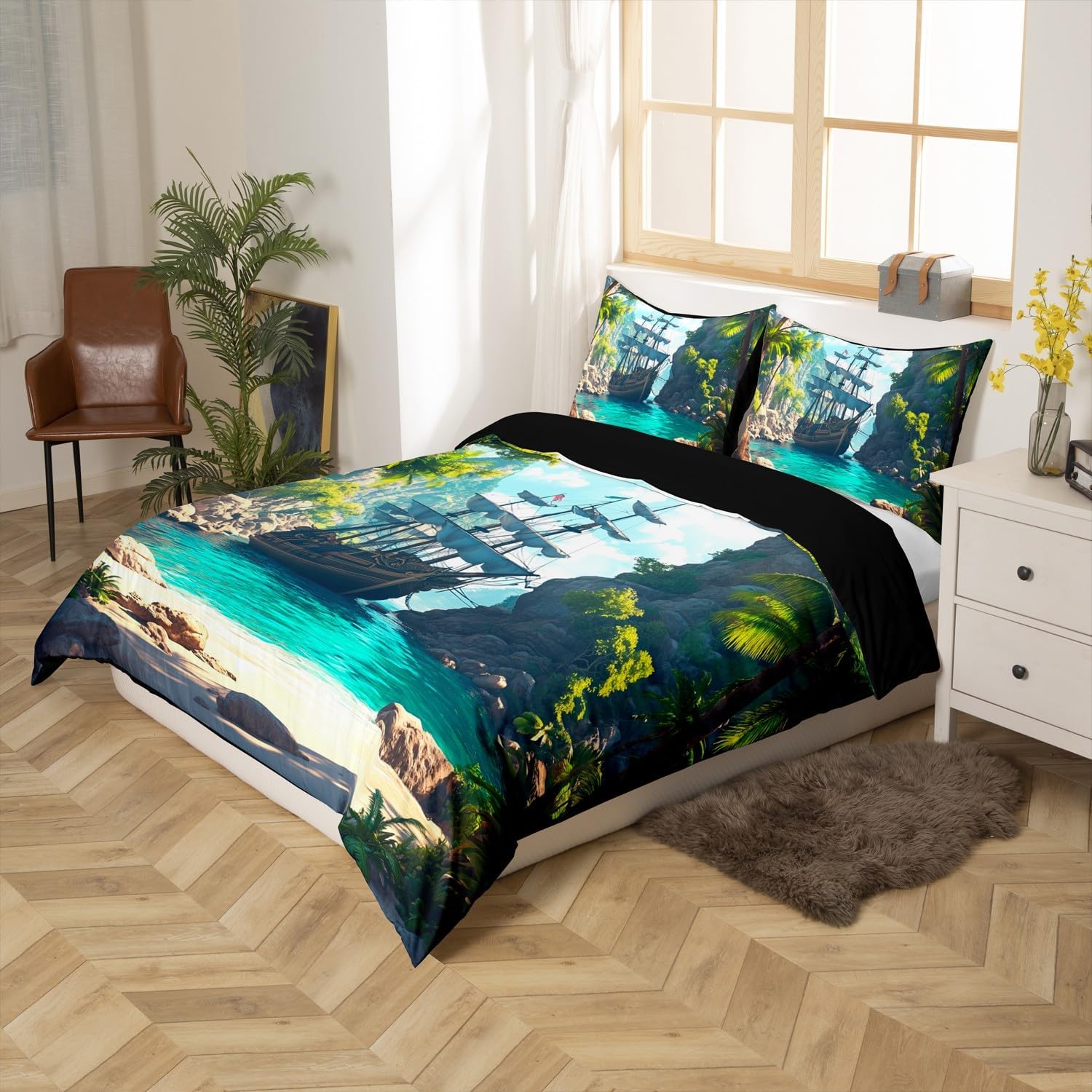 Nautical Sailboat Duvet Cover Set Toddler Size Tropical Palm Tree Bedding Set 2pcs for Kids Teens Adventure Pirate Boat Comforter Cover 3D Coastal Scenery Quilt Cover,1 Pillowcase(Not Comforter)