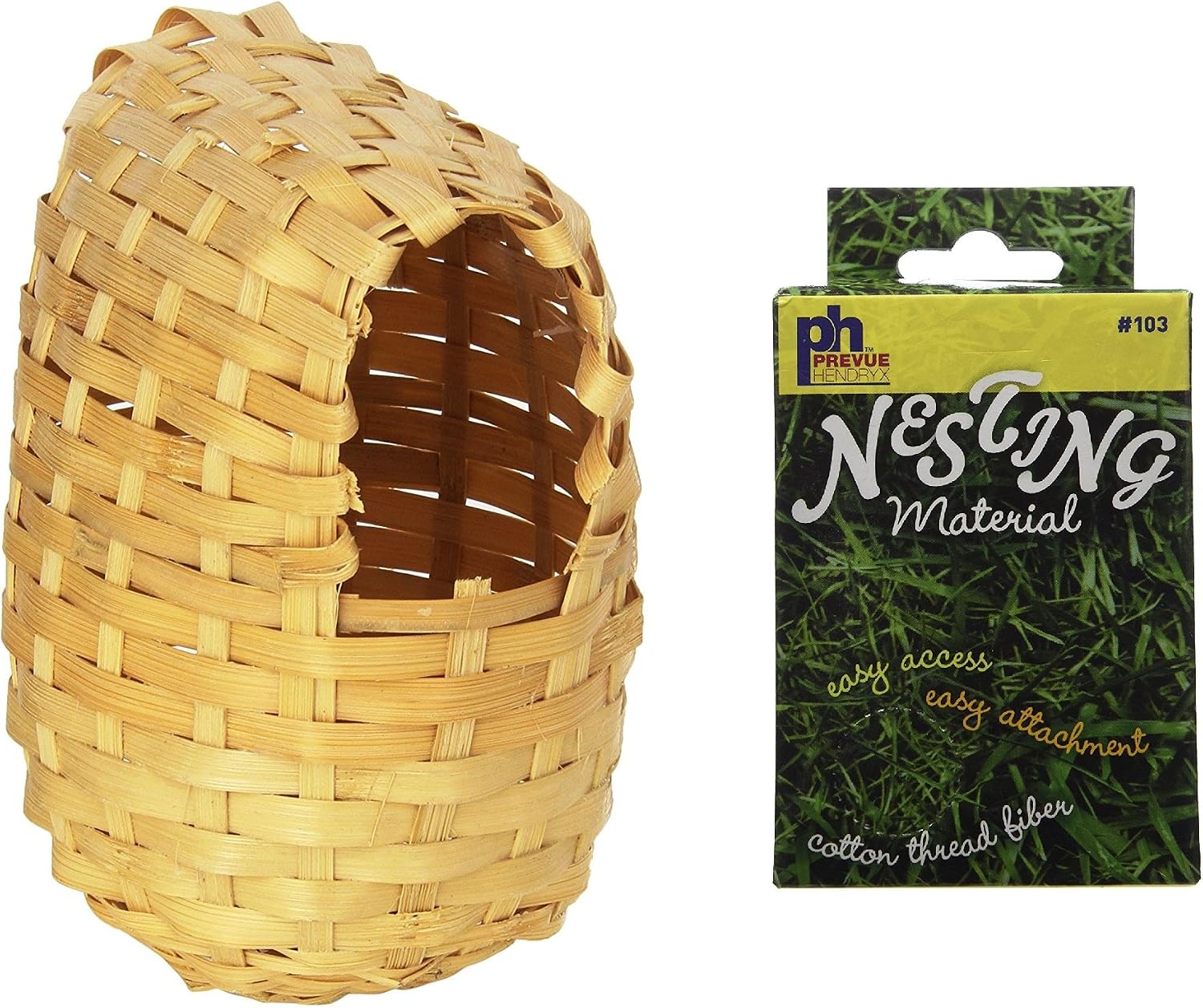 Prevue Pet Products Large Bamboo Covered Breeding Nest Hut for Birds, Plus a Box of Cotton Thread Fibers Bird Nesting Material
