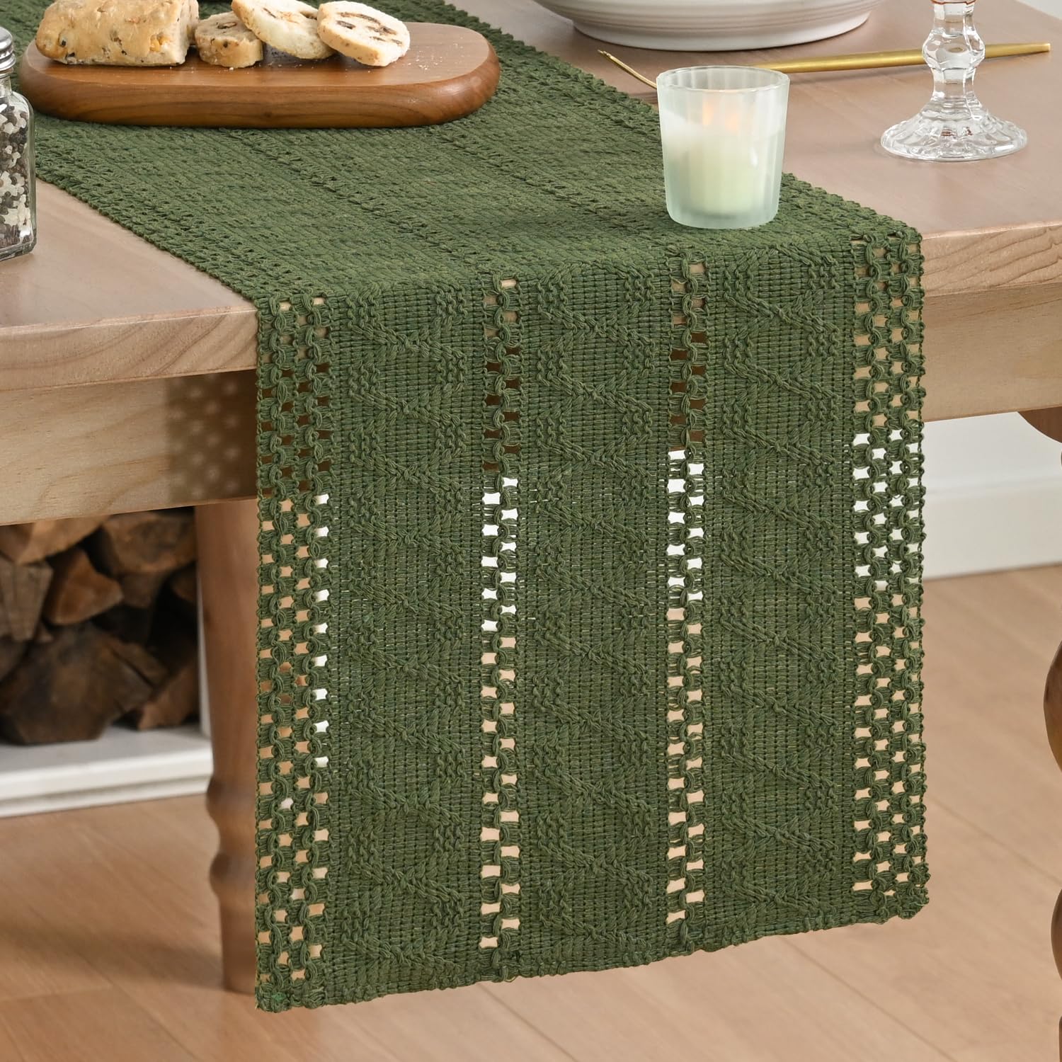 Artoid Mode Olive Green Farmhouse Woven Rustic Bohemian Table Runner 30x243 cm, Hollow Holiday Kitchen Dining Table Decoration for Home Party Decor