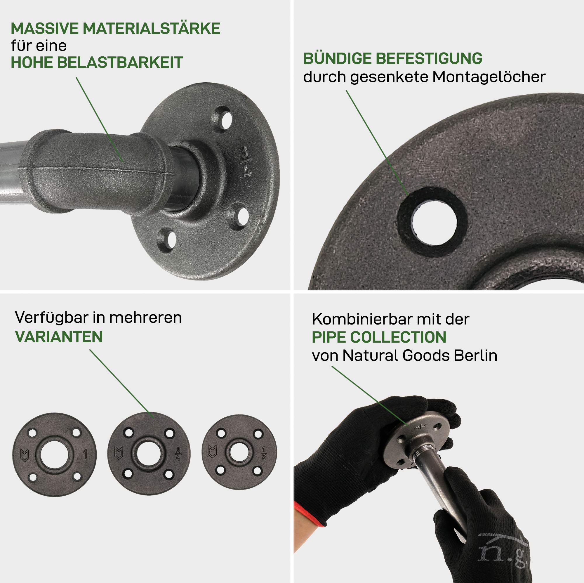 Natural Goods Berlin Flansch Pipe Fitting Gewindeflansch Metall " BSP Rohrhalterung Wandregal Temperguss Verbindungsflansch Rohre Wandmontage Eisen Vintage Möbel Industrial Style (5, 3/4 Zoll)