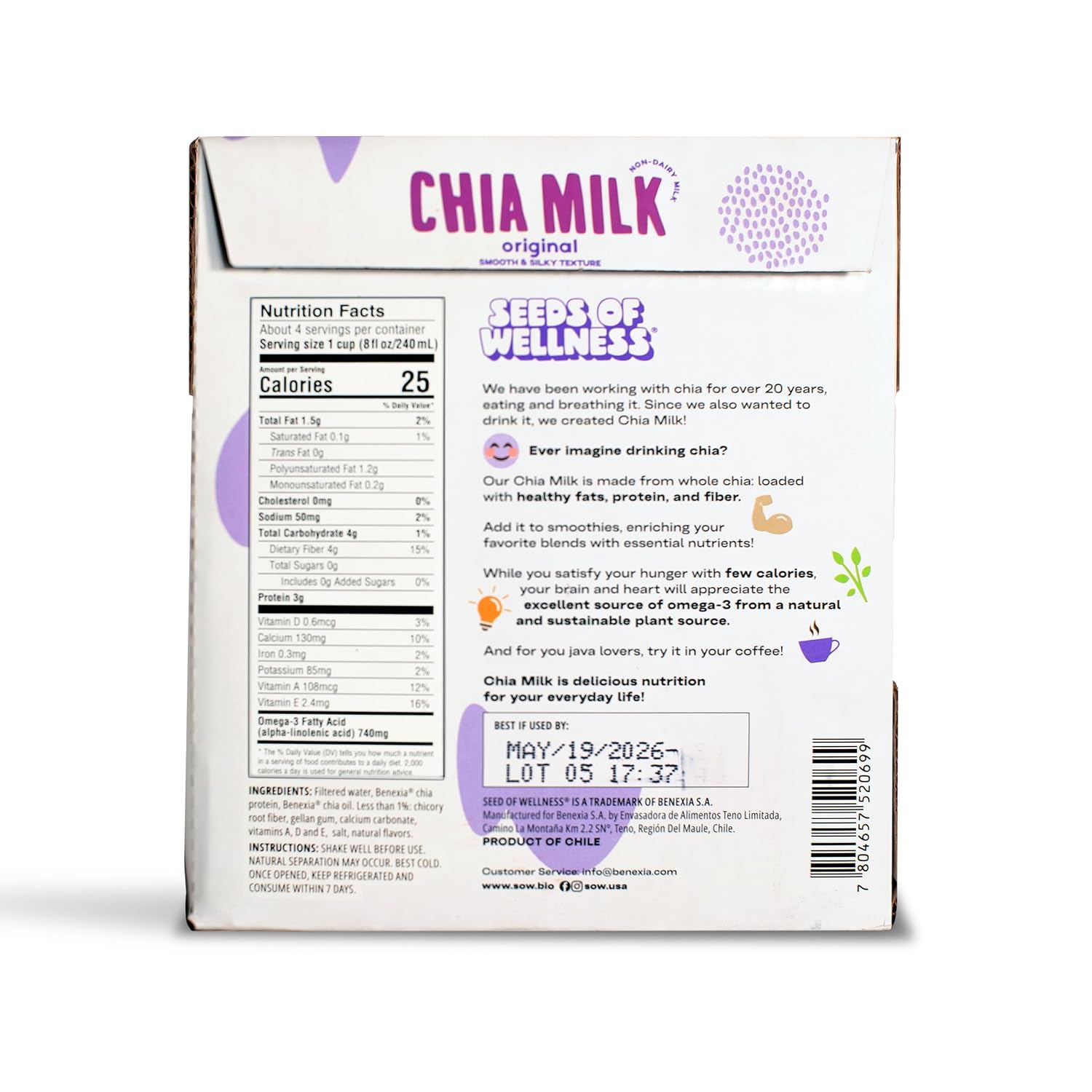 Seeds of Wellness - Chia Milk Original, Vegan, Plant-Based, Non-Dairy, 740 mg Omega-3, 4g Fiber, 3g Protein, Zero Sugar, Smooth Texture, Low Calories, Keto, Gluten Free, Non-GMO, 32 Fl Oz (946 ml) Tetrapak, Pack of 6, Chile