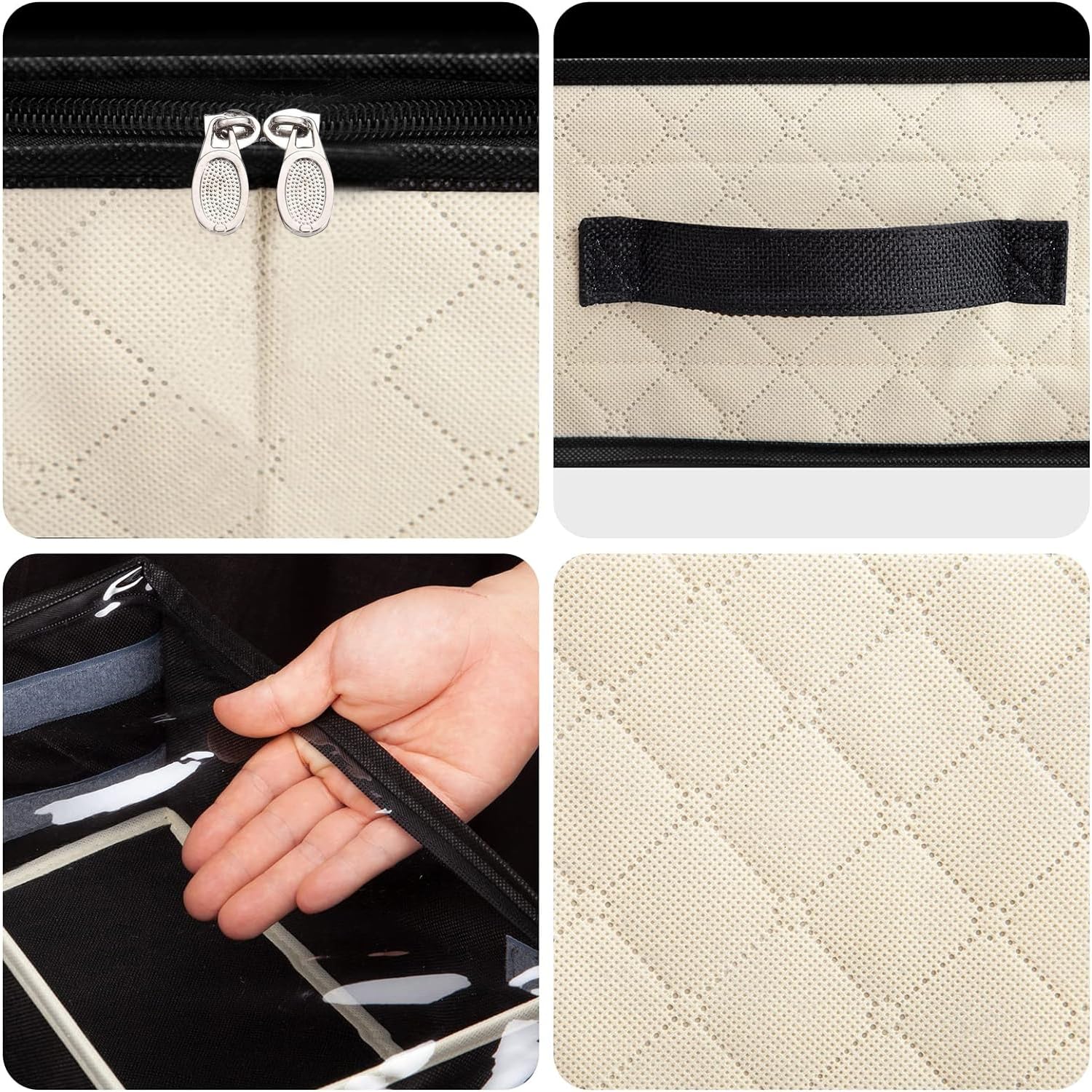 Unterbett-Schuh-Organizer, 2er-Set, stabile Struktur, verstellbare Trennwände, verstärkter Griff, stabiler Reißverschluss, passend für insgesamt 24 Paar, atmungsaktiv, beige