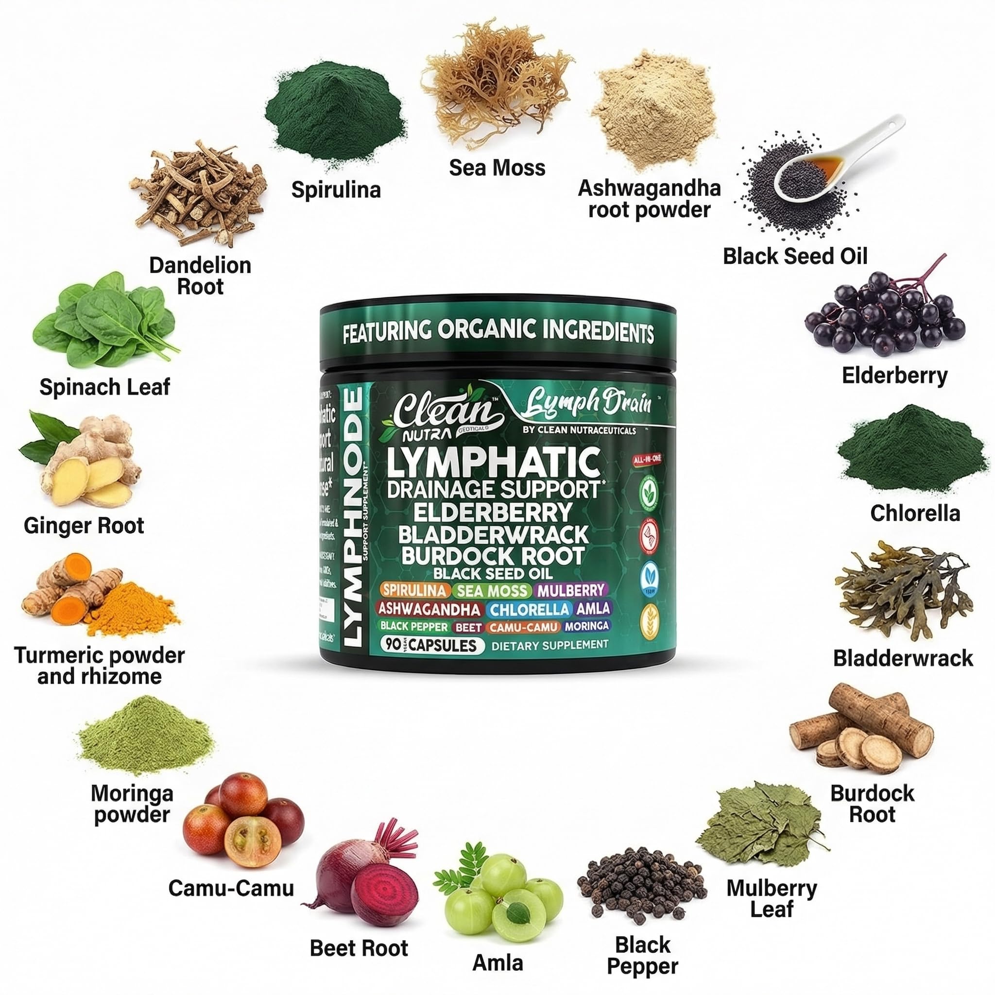 Organic Lymphatic Drainage Supplements | Elderberry Bladderwrack Burdock Root Black Seed Oil Spirulina Sea Moss Ashwagandha Chlorella Amla Beet Moringa Chlorophyll Lymph System Capsules By Clean Nutra — Amazon image 4