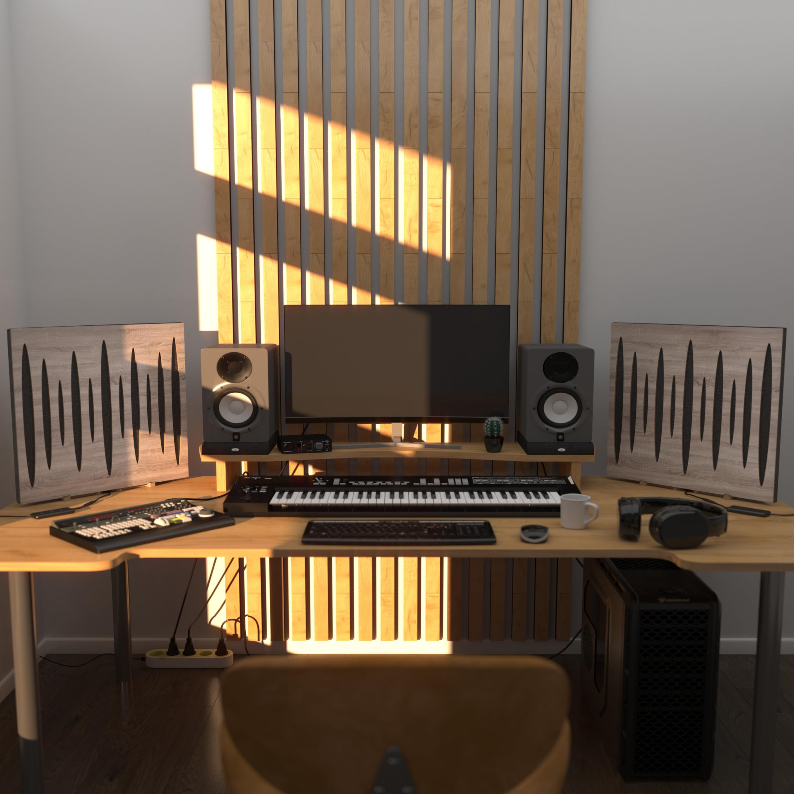 Set di 2 pannelli acustici con lampada da tavolo e retroilluminazione LED RGB | 50x50 cm | Pannelli fonoassorbenti mobili su supporto da tavolo per studio e sala giochi | [PULSAR | Sonoma]