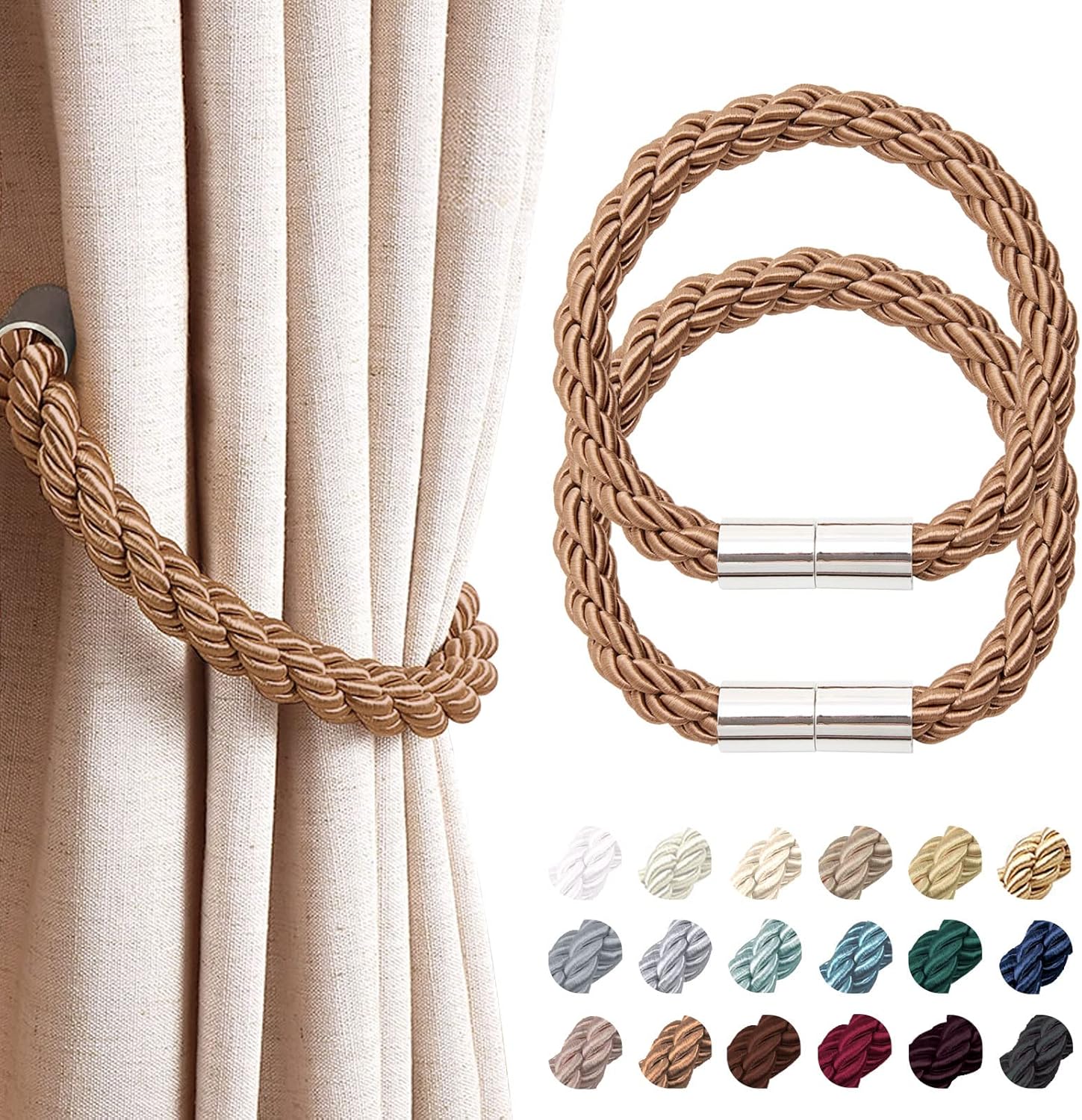 NICEEC 2 Pack Strong Magnetic Curtain Tiebacks Modern Simple Style Drape Tie Backs Convenient Decorative Weave Rope Curtain Holdbacks for Thin or Thick Home & Office Window Draperies (Light Coffee) 2 Pack Light Coffee