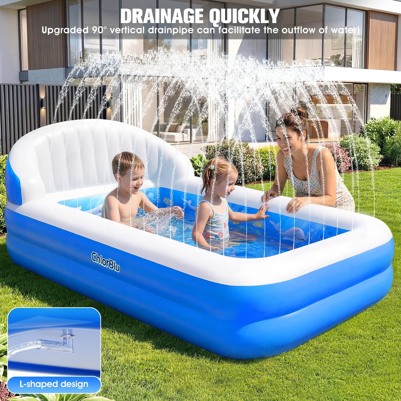 ChlorBlu Piscina Hinchable con Rociador, Piscina Inflable Adultos, Piscina Hinchable Rectangular para Adultos, Piscinas Hinchables, Piscina Hinchable Familiar Reforzada para Exteriores