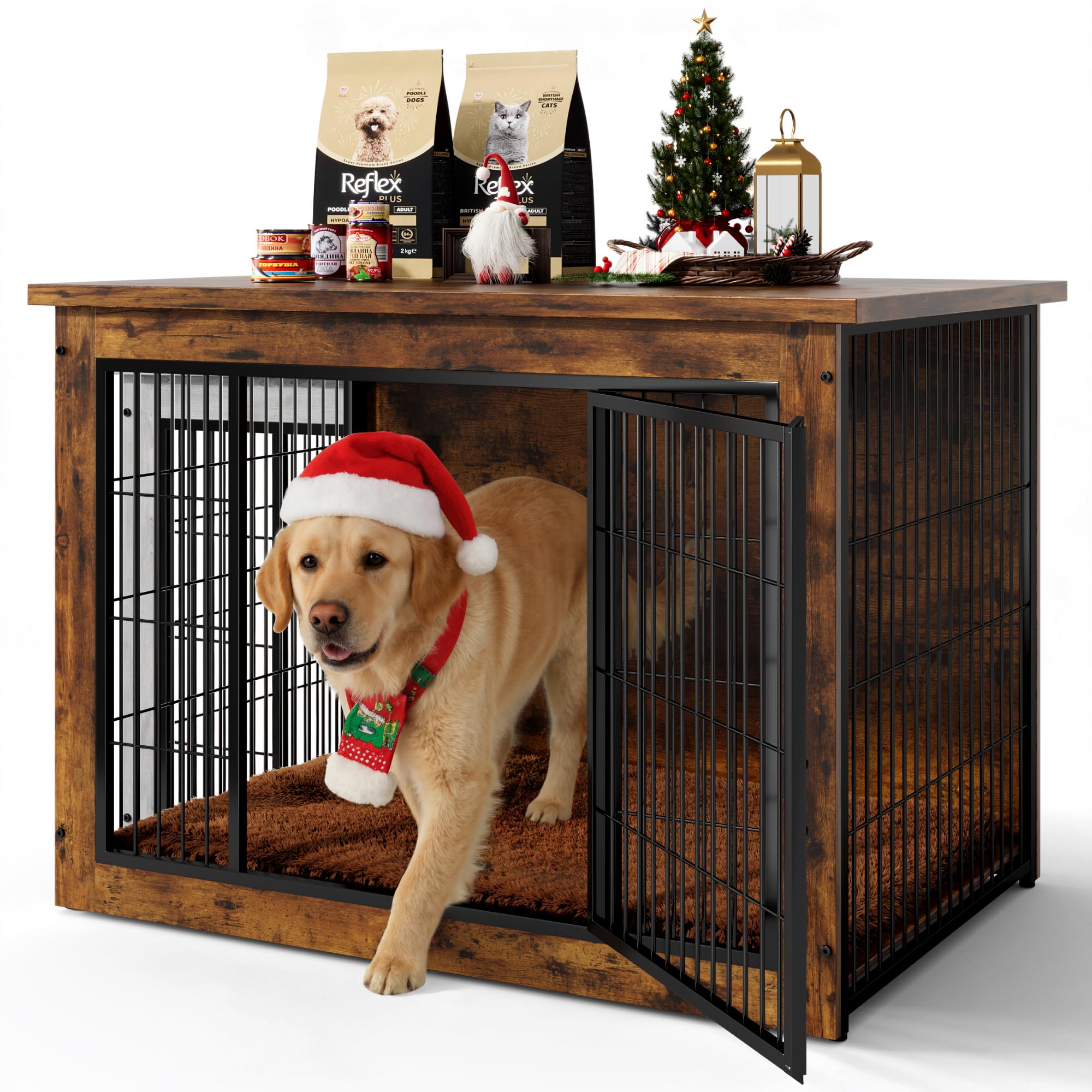 Dog Crate Furniture with Thick Cushion, Side End Table Wooden Dog Cage with Double Doors, Chew-Resistant Dog Kennel Dog House Indoor for Small to Large Dog