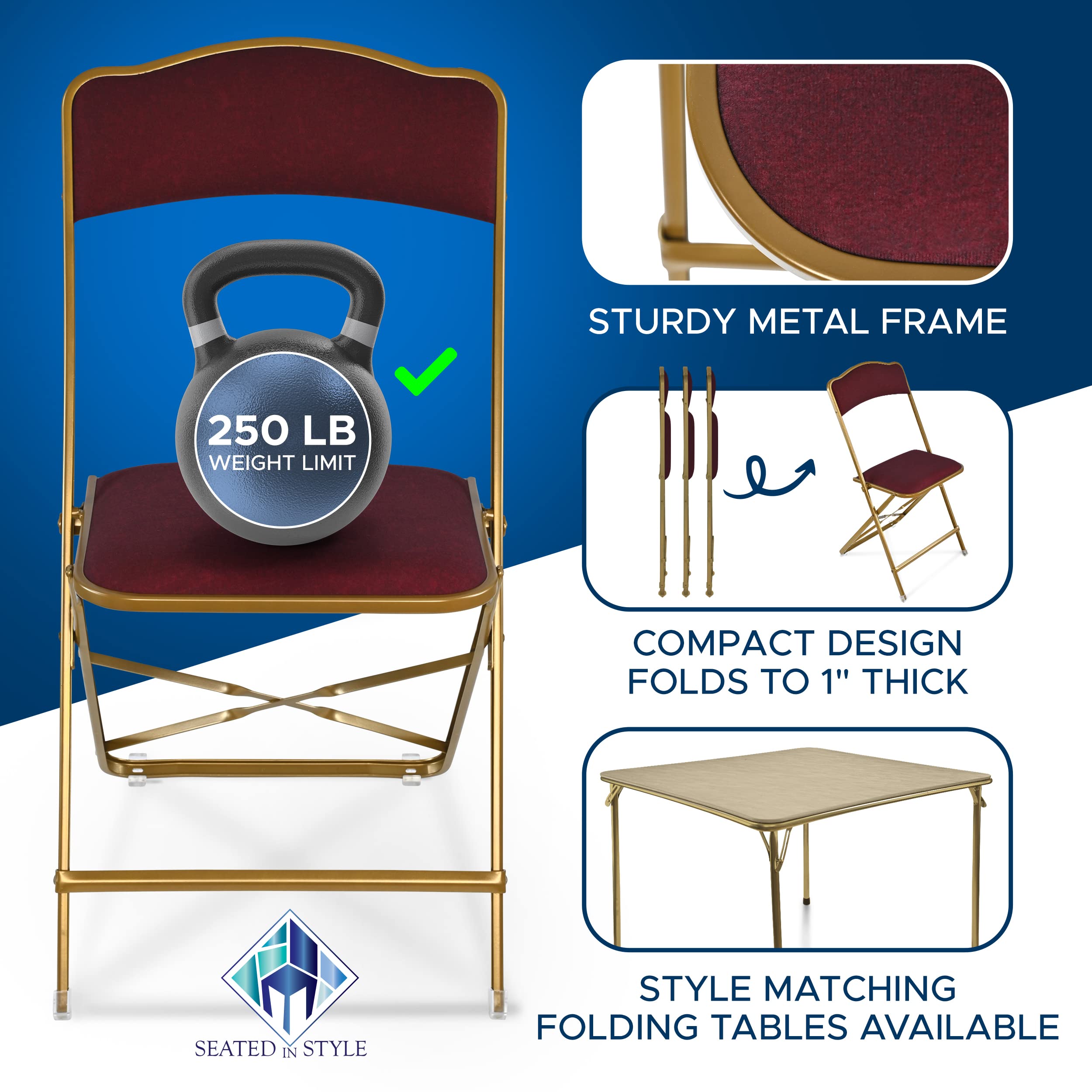 Fritz Style Folding Chairs Set Of 4 - Gold & Burgundy Upholstered Party Chairs - View #10