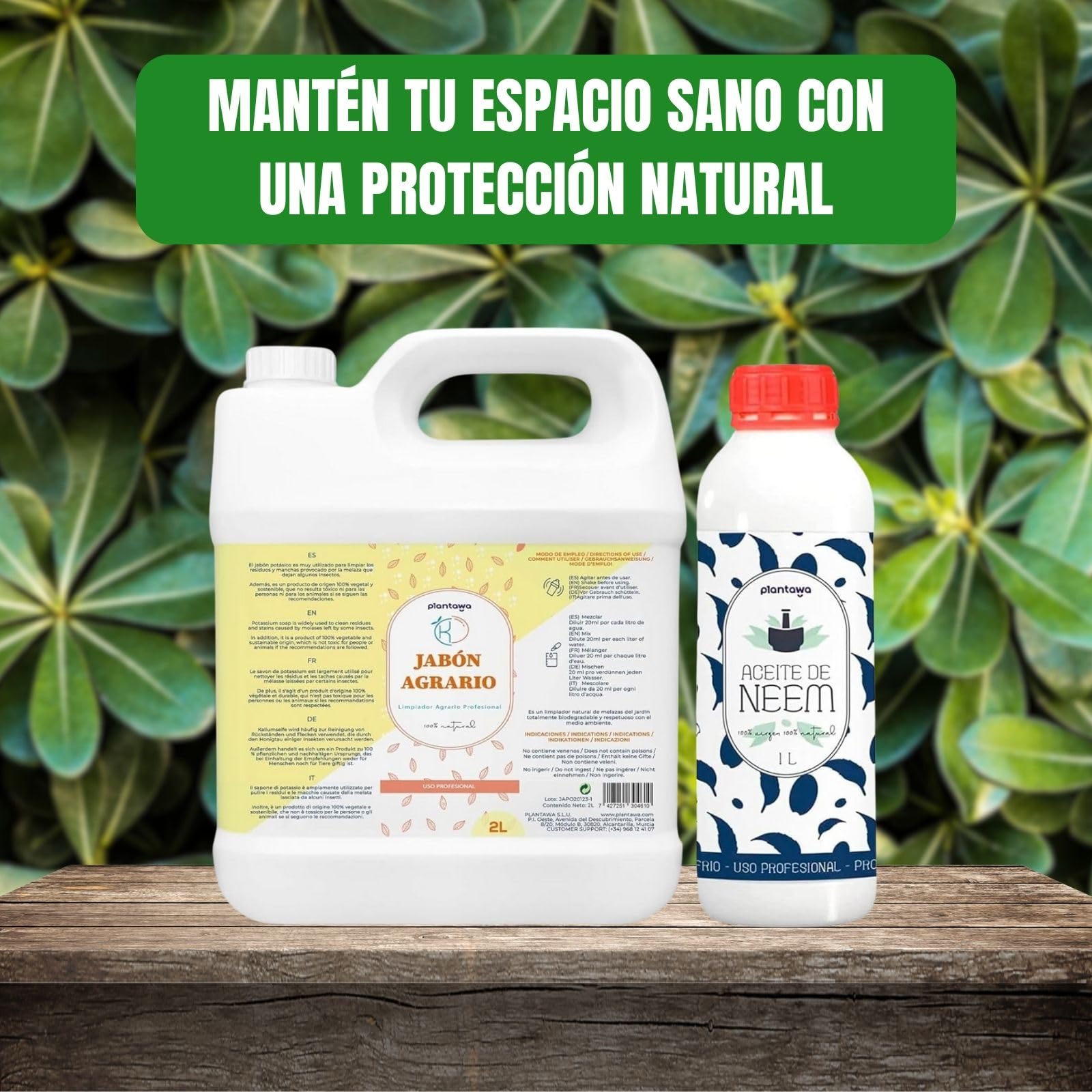 PLANTAWA Pack Ahorro Jabón Potásico 2L + Aceite de Neem 1L | Solución Multiusos | Fácil Aplicación y Máxima Eficacia | Versátil | Uso en Interior y Exterior | Productos de origen natural