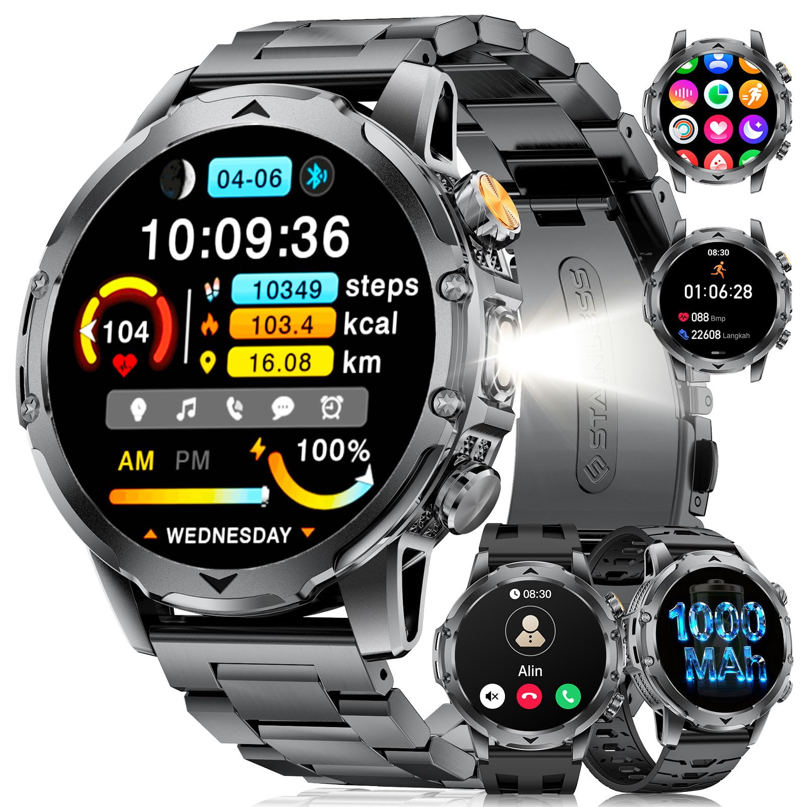 FitVigor Smartwatch Herren Militär-1000mAh Akku/3 Armbändern/1.53'' HD Display,Smartwatch mit Taschenlampe,120+ Sportmodi, Fitnessuhr mit Herzfrequenz/Schlafmonitor, für Android iOS, Schwarz