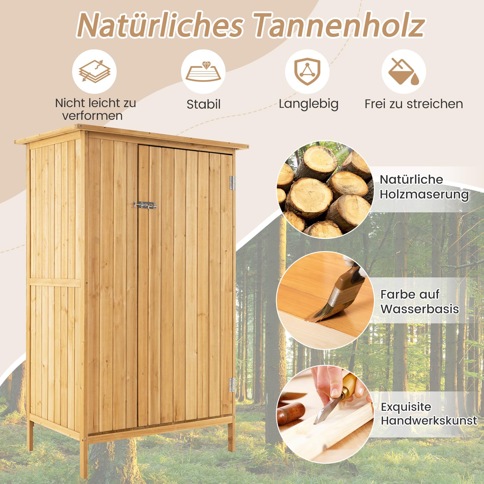 COSTWAY Gartenschrank Holz, Geräteschuppen mit Asphalt-Dach & 3 Regalen & 5 Haken, Gerätehaus mit Abschließbare Tür, Outdoor Gartenhaus für Hinterhof, Terrasse, 91 x 66 x 150 cm