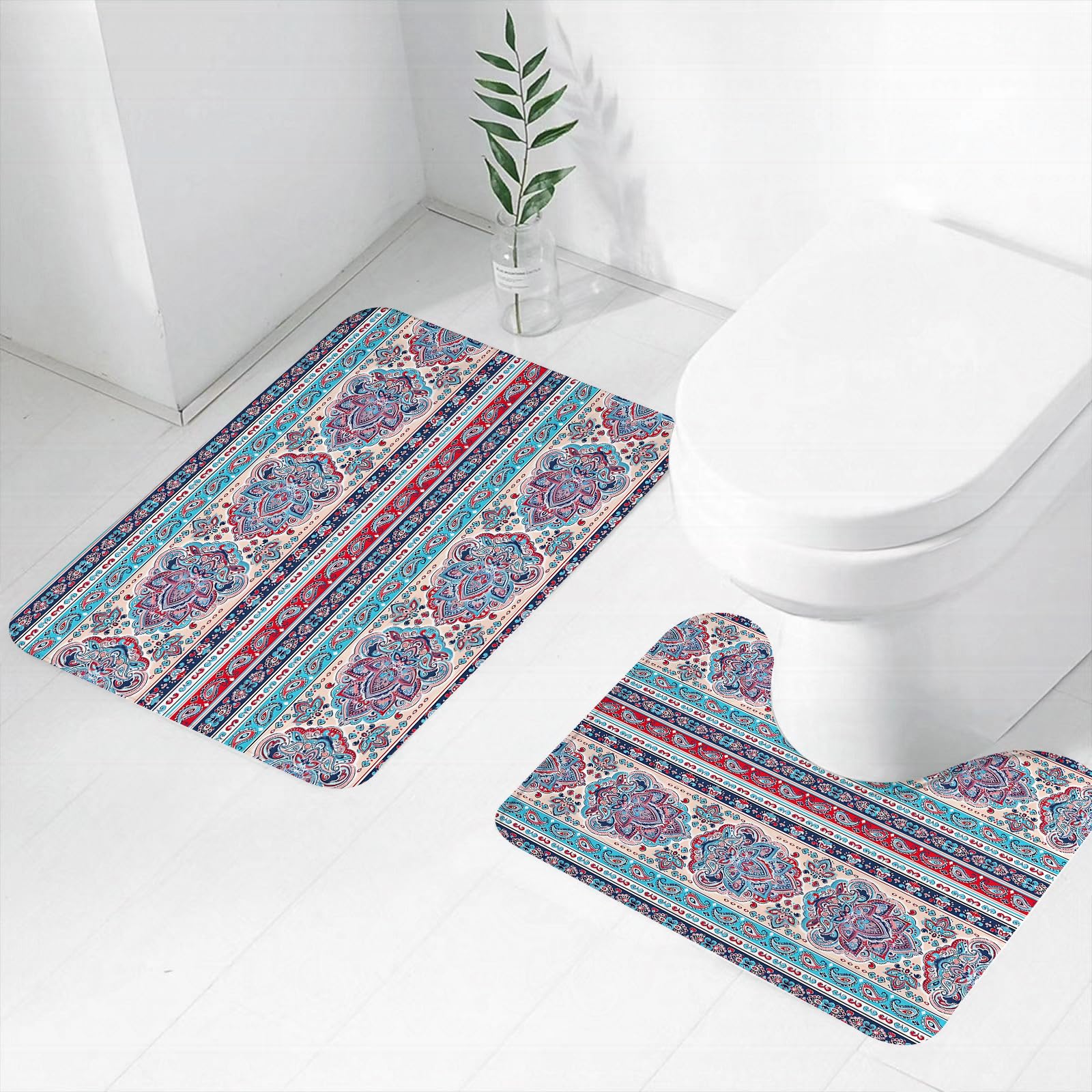 Set di 2 tappetini da Bagno, Lavabili in Lavatrice e Antiscivolo, tappetini in Morbida Fibra Superfine, Stampa Shibori Tie-Dye vettoriale. Motivo Disegnato a Mano Senza Cuciture. S