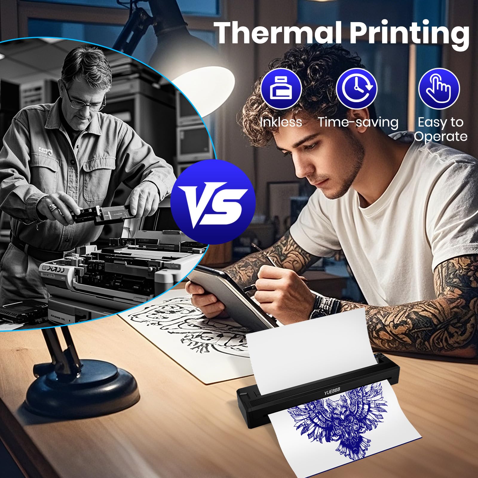 Imprimante de Pochoirs de Tatouage, Transfert Thermique Bluetooth, Compatible Smartphone et Ordinateur