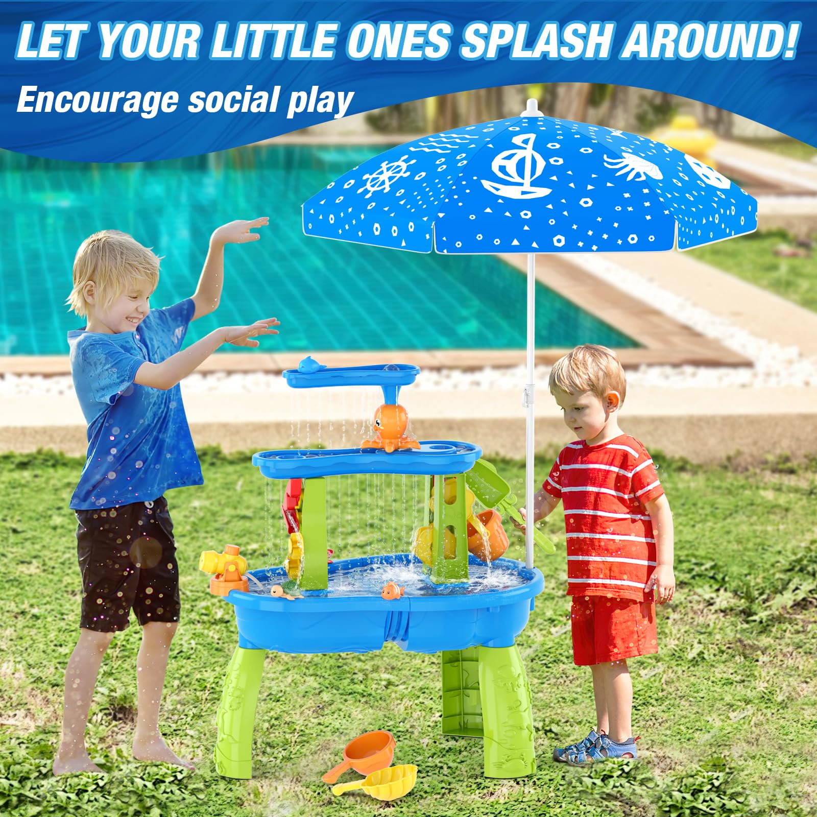 HYES Table d'eau pour Enfants, 3-Tier Table Sable et Eau Jouets avec Parapluie, Douches de Pluie Splash étang pour Plage Cour, Table Eau Sable Jeux de d'été Exterieur pour Garçons Filles, Bleu