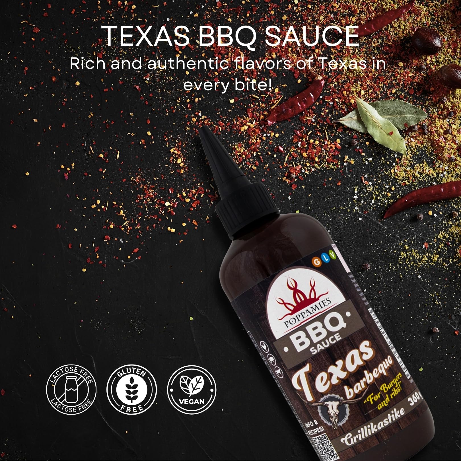 Poppamies Texas Barbeque Salsa BBQ Sabor Ahumado y Ácido 360g