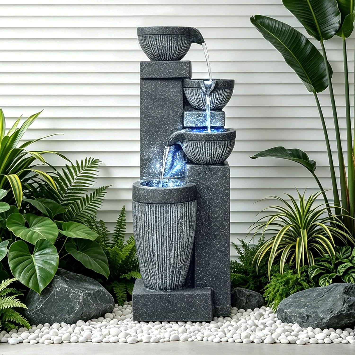 Outdoor Water Fountain 23.6 Inch Cascading Waterfall Fountain with LED Lights for Patio Garden Yard Balcony Resin Modern Outdoor Water Feature Relaxing Tabletop Style Landscape Décor