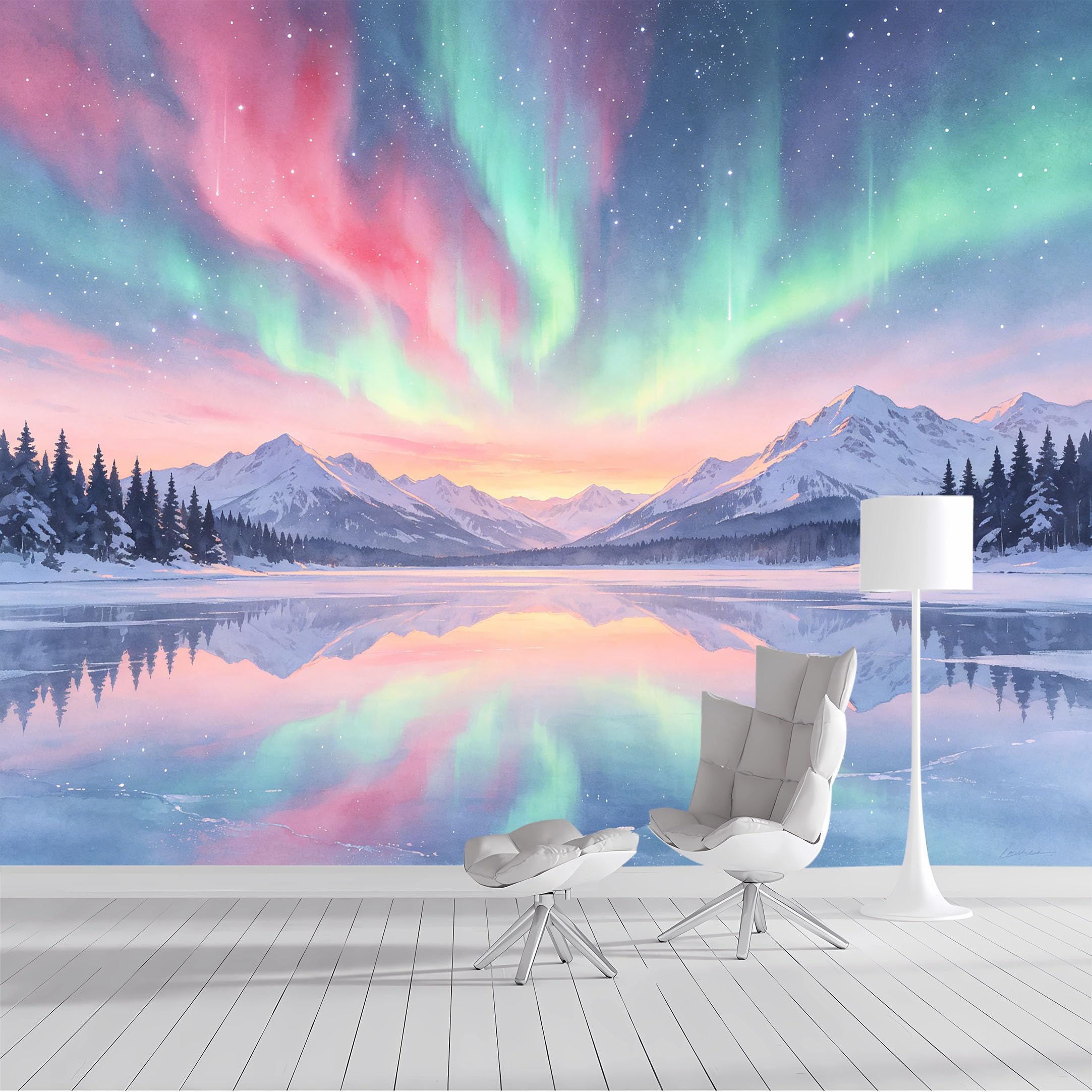 Custom Size Wall Mural Northern Lights Snowy Mountain Lake Sunset Sky Watercolor Landscape SelfAdhesive Wall Fabric Removable Peel and Stick Wallpaper for Living Room Bedroom Bathroom