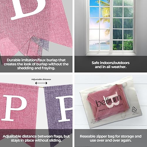 Miniatura 7 de Cartel de feliz cumpleaños de arpillera rosa y morado, sin bricolaje, preencordado y listo para colgar, pancarta de cumpleaños de arpillera de