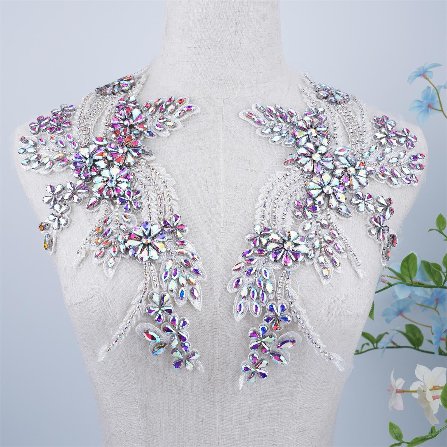 1 Pair Handmade Beaded Rhinestone Appliques, Sew on Crystal Flower Lace Patch,Multi-Color Pairs for DIY Clothing, Wedding Dress, Home Decor (Pink)