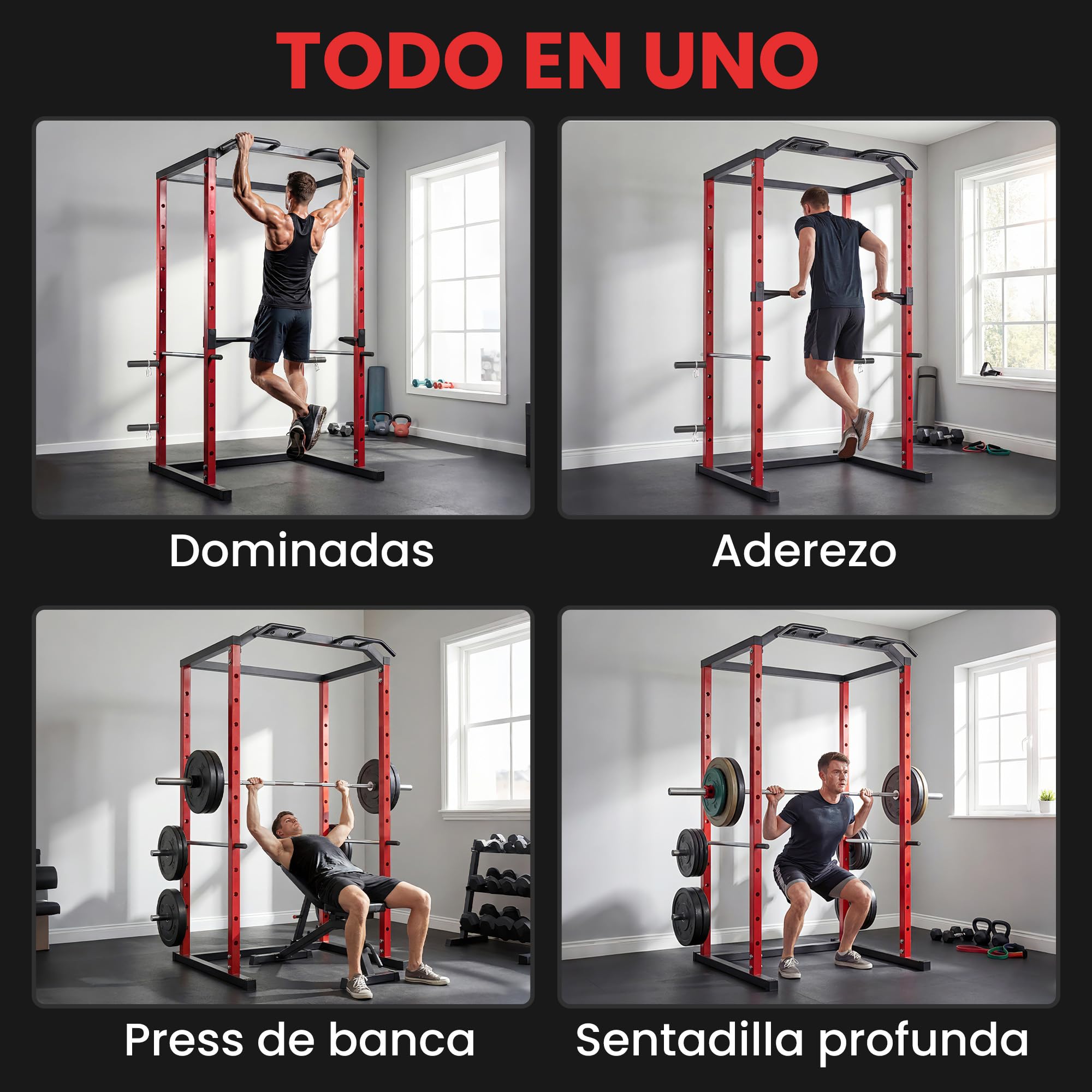 SPORTNOW Jaula de Potencia Musculación, Rack para Sentadillas con Barra de Dominadas, Estación de Fondos Ajustable en Altura, Soporte de Barra Regulable, para Casa Gimnasio, Carga 460 kg
