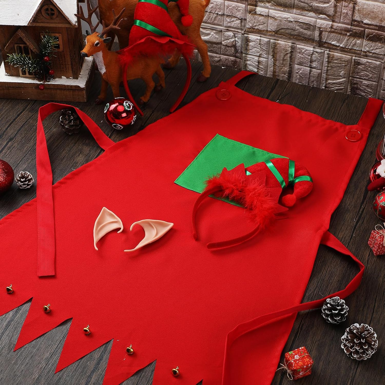 ramede 48 Pcs Christmas Elf Apron and Headbands Set Adults Elf Apron Ears Elves Headband Elf Kits for Xmas Costume(Red)