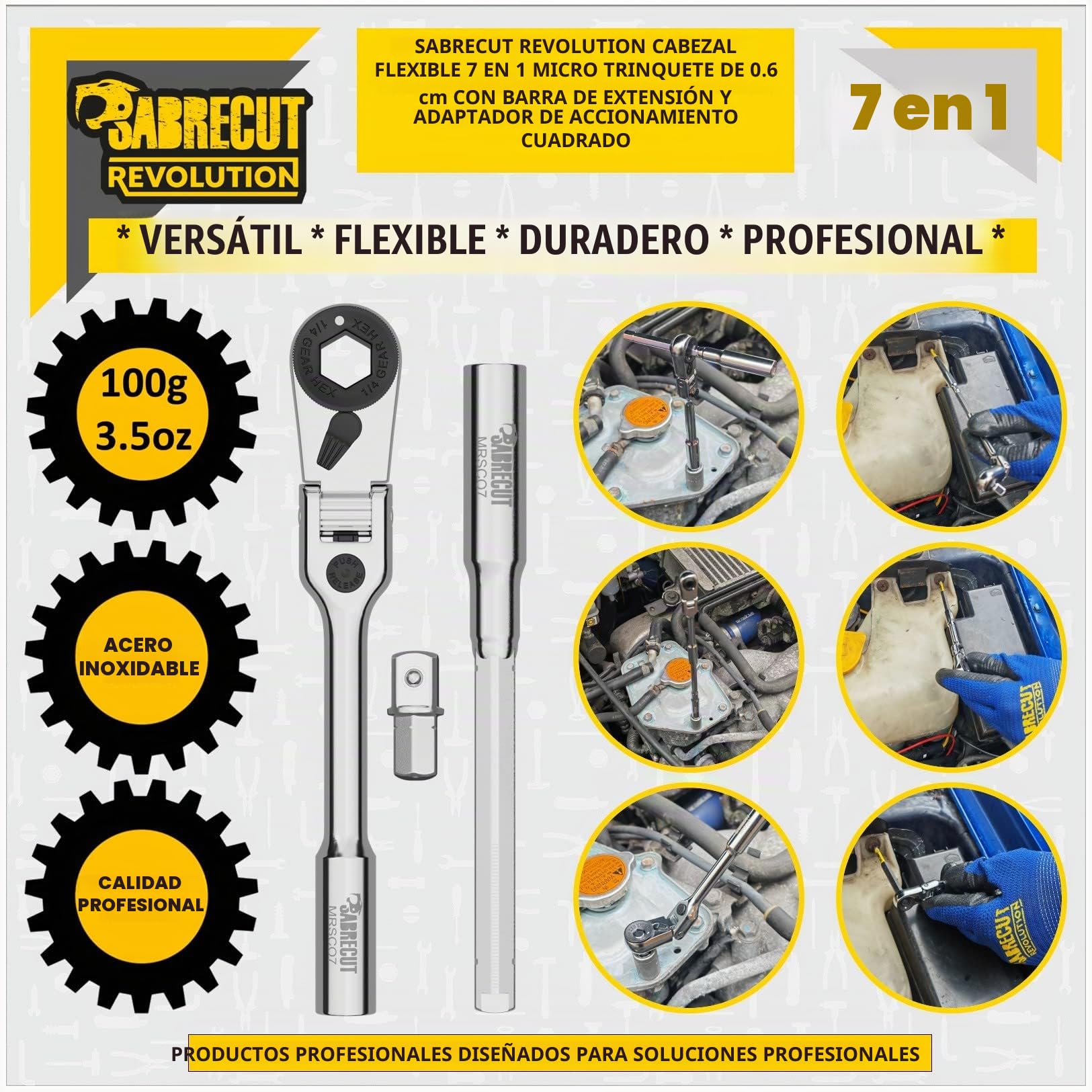 SabreCut 1pc MRSC07 6.3mm 1/4" HEX 1/4" Square Acero inox Punta Carraca | Duradero stainless-steel construcción con a preciso 60-tooth mecanismo para compacto, high-torque acceso