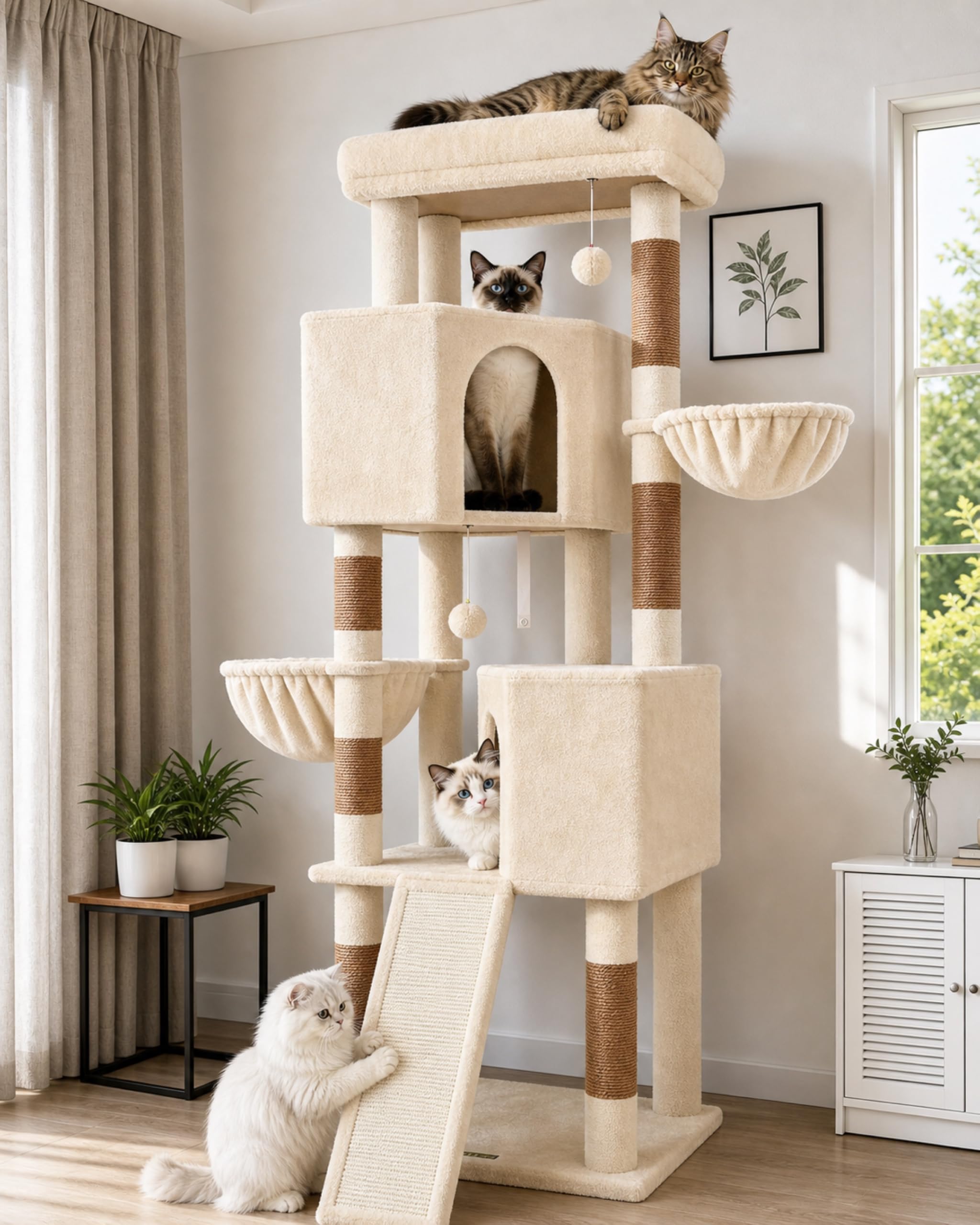Globlazer Árbol Rascador Beige XL Estable 180 cm para 2-5 Grande Gatos S69B | Castillo Gato con 2 Grandes Nidos, Tabla Rascar Sisal, Plataformas Acolchadas, 2 Cesta para Gatos Grandes Descansar Jugar