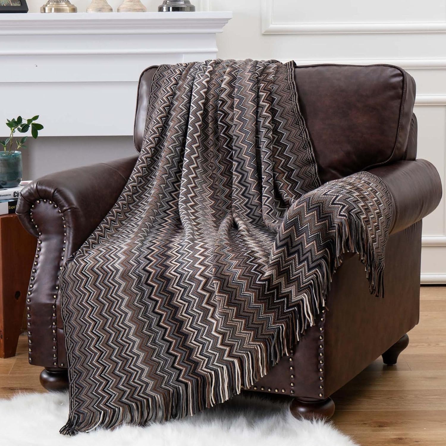 BATTILO HOME Boho Throw Blanket, Black Knitted Throw Blankets for Couch Bed Sofa, Fall Decorative Blankets with Tassel, Outdoor Soft Mexcian Blankets and Throws (Black, 50"x60")