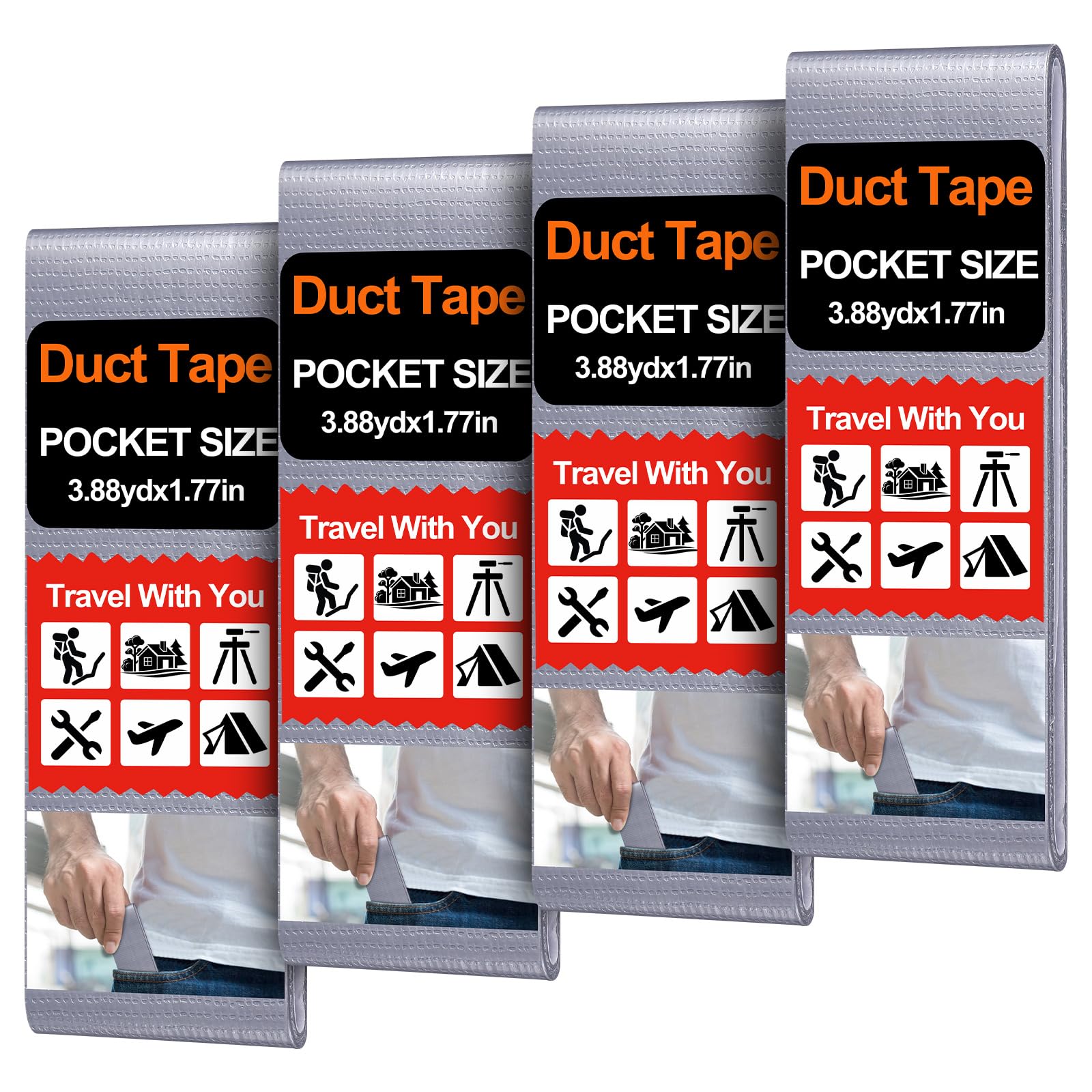 Innconee 4 Pack 1.77 in x 10 ft Travel Duct Tape Mini Pocket Size Flat Roll Flexible Heavy Duty Waterproof Tear by Hand for Repair Outdoor Emergency