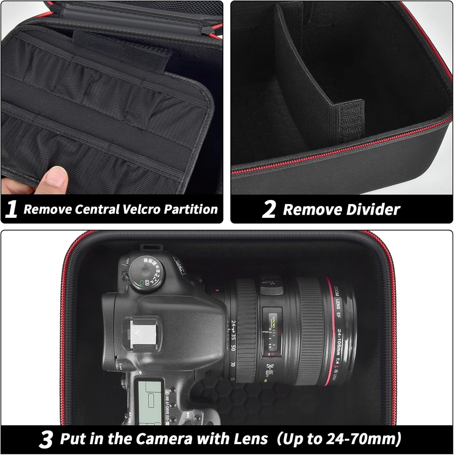 Comecase Hard Camera Case for Canon EOS Rebel T7 R50 R100 R10 R5 R6 R8 Mark II, DSLR Mirrorless Camera Bag with 6 Slots &Adjustable Divider for Lens and Accessories, Travel Storage, Black+Red Zipper - Image 5