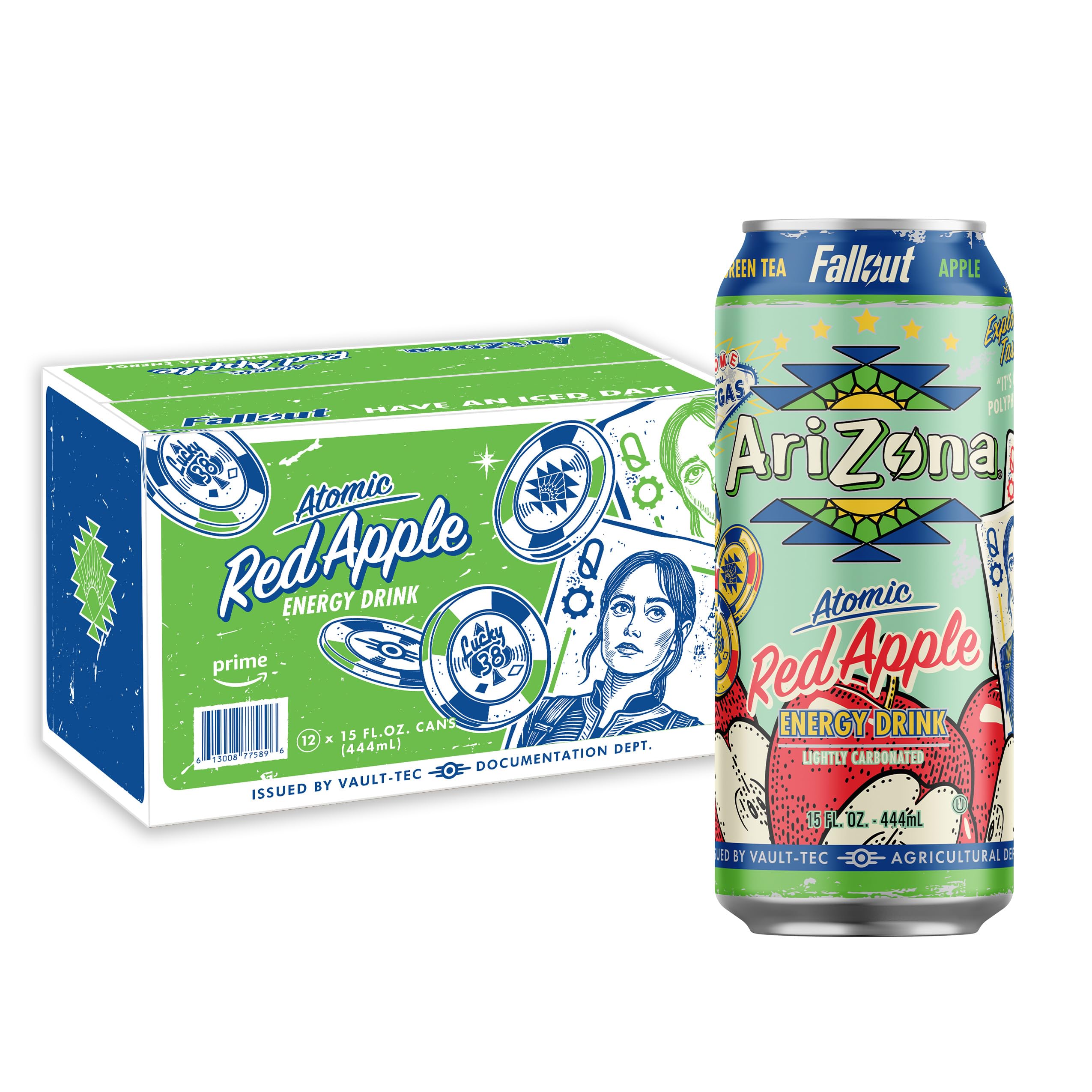 AriZona x Fallout Red Apple Green Tea Energy Drink, 15 fl oz (Pack of 12) - 190mg Caffeine per Can