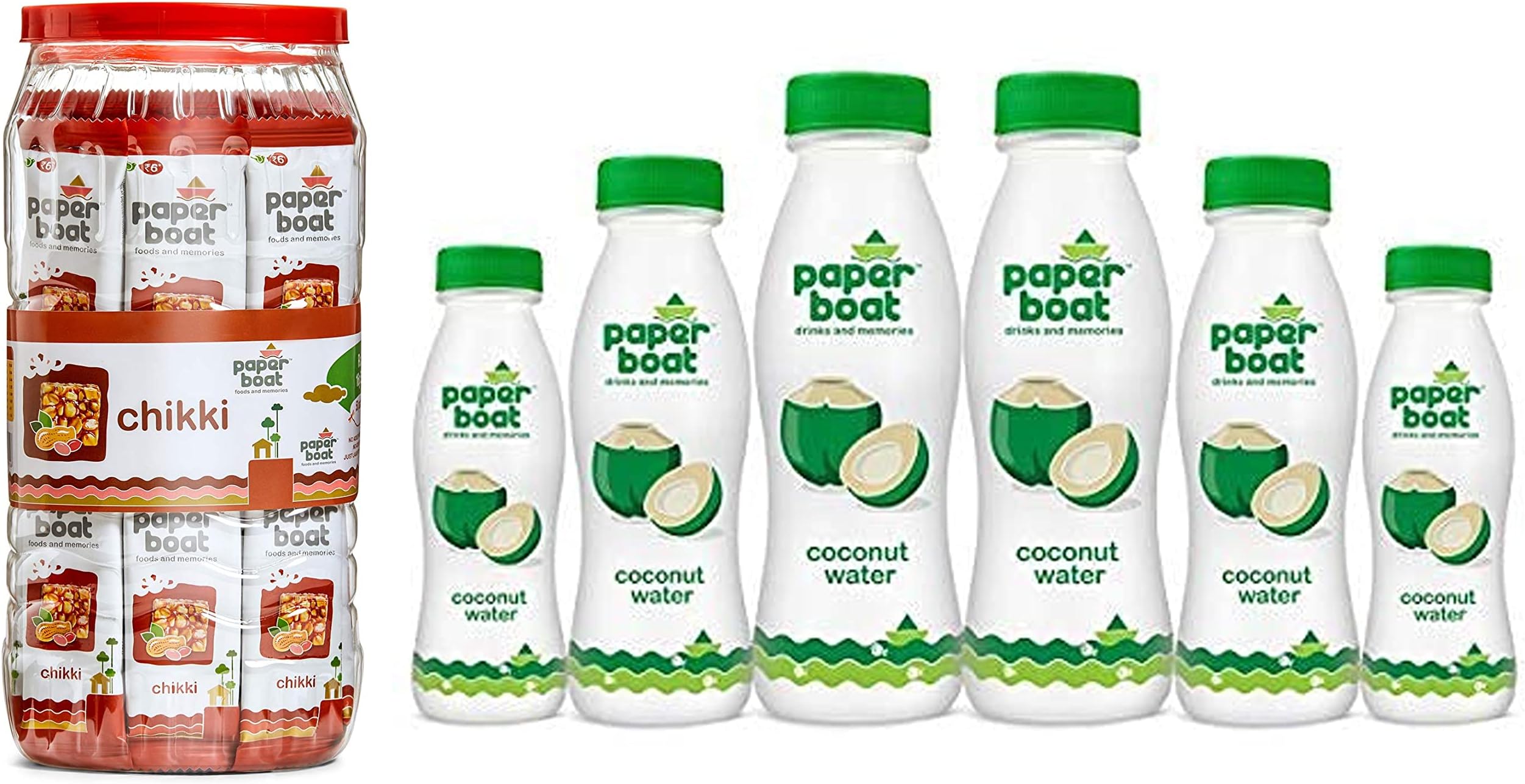 Paper Boat Chikki Jar, Peanut Bar, No Added Preservatives And Colours (50 Pieces, 16 Gram Each), Coconut Water, Refreshing Coconut Flavour (Pack Of 6, 200Ml Each)