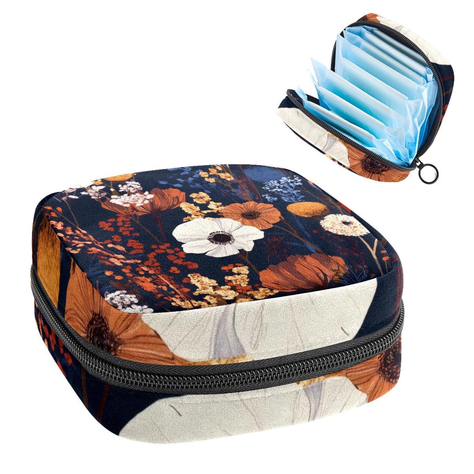 1Pc Period Bag for Women, Menstrual Pad Pouch for School Office, Reusable Sanitary Napkin Storage Bag Portable Feminine Period Kit Bag Fall Winter Botanical Flowers Seamless Pattern