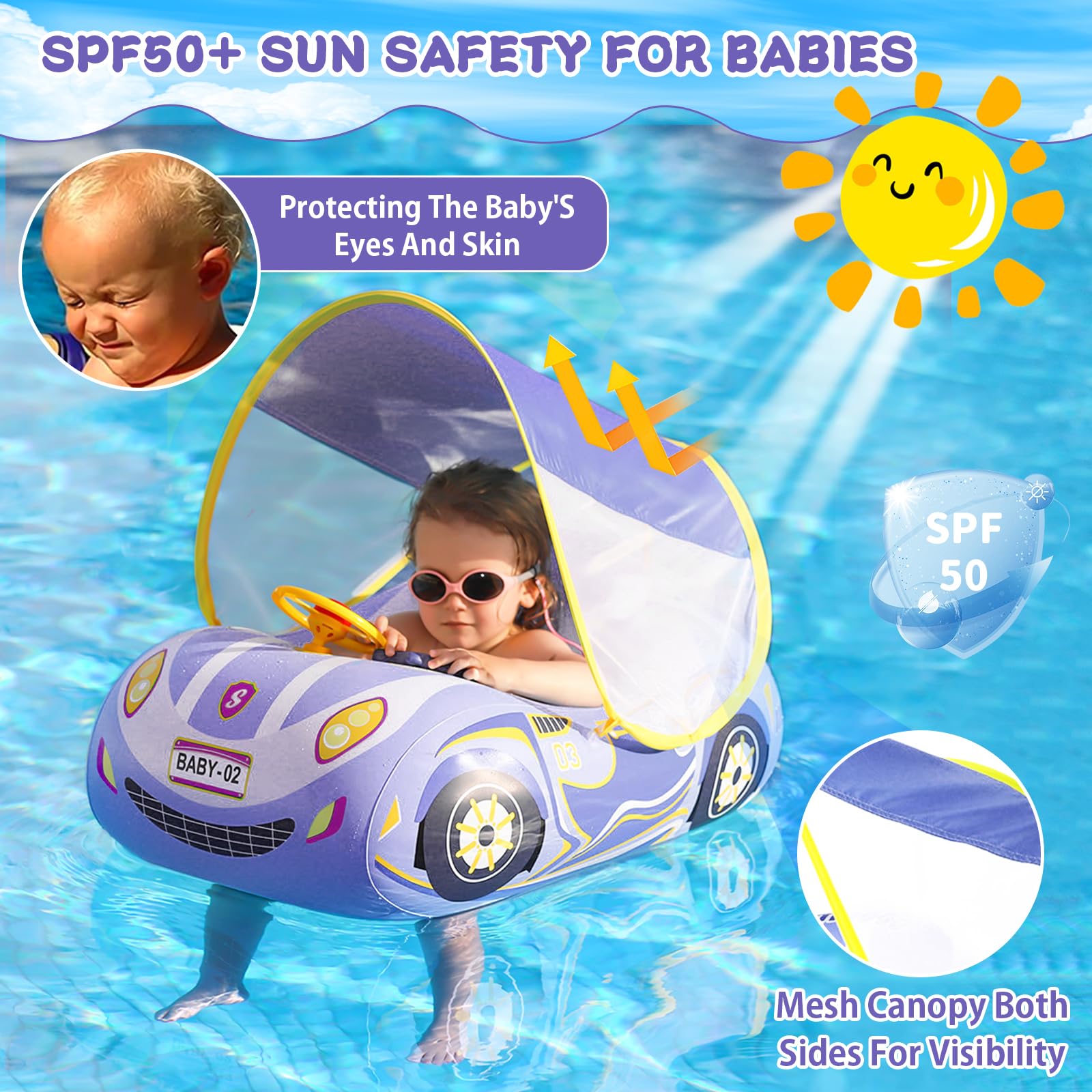 Baby Float with Canopy Car Ninonly Baby Floats for Swimming Pools with UPF50+ Removable Sun Protection Canopy Toddler Swimming Pool for Age of 18-48Months for Kid Purple - Image 2